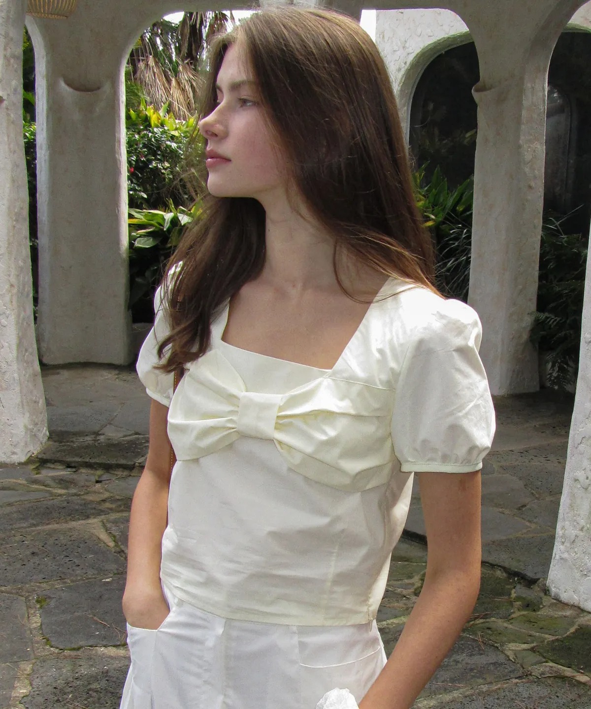 Letter From Moon Front Ribbon Square Neck Blouse