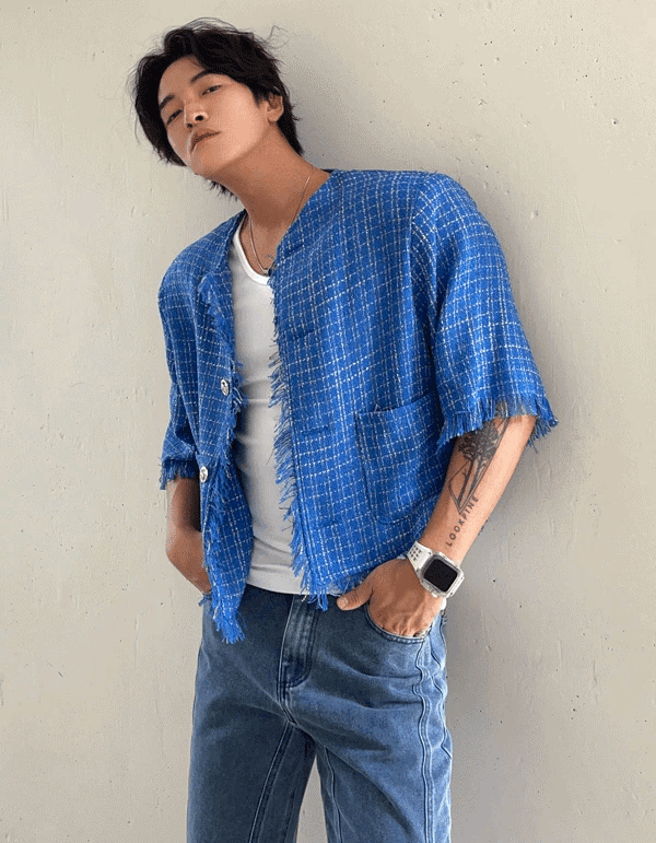 粗花呢短袖短版夾克外套