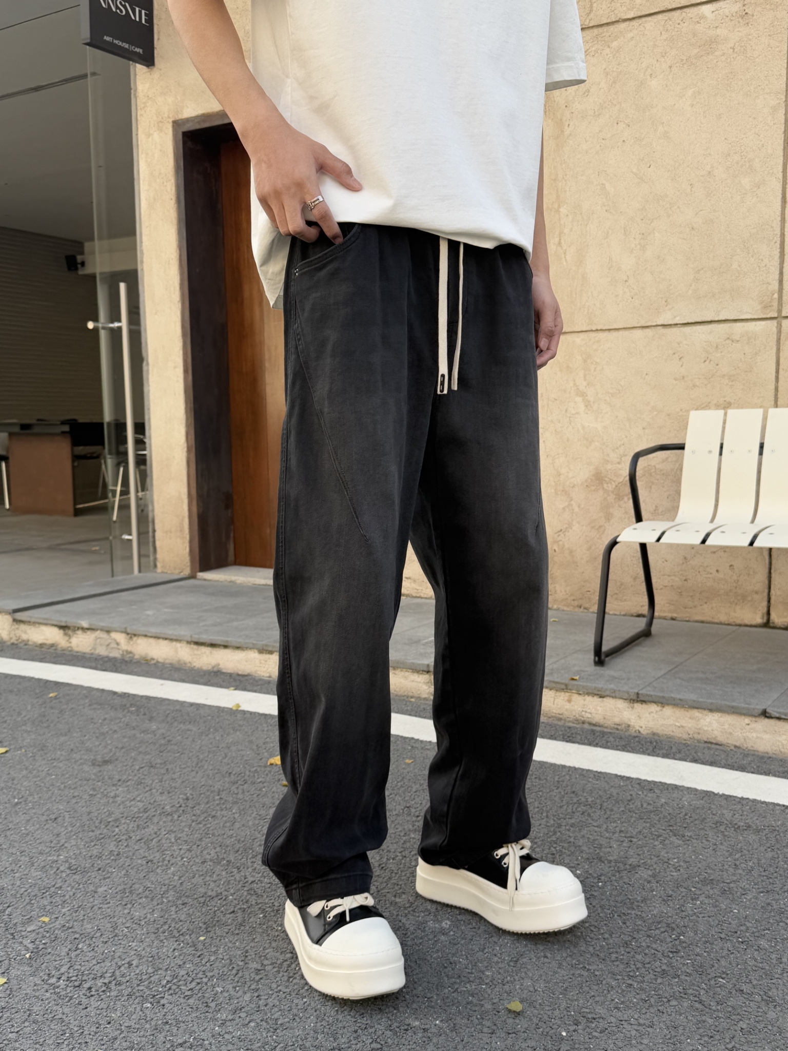 『RB』彈性斜車牛仔寬褲
