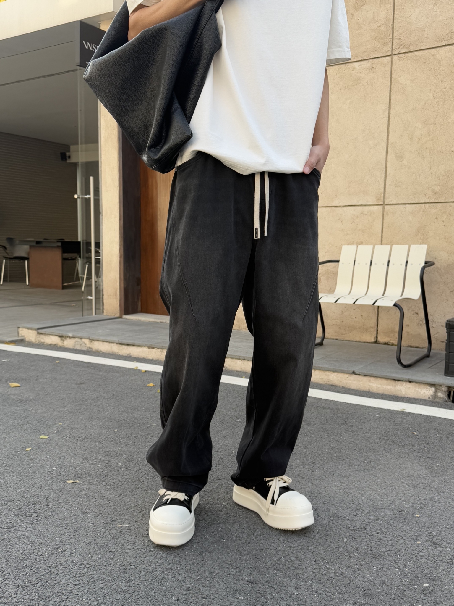 『RB』彈性斜車牛仔寬褲