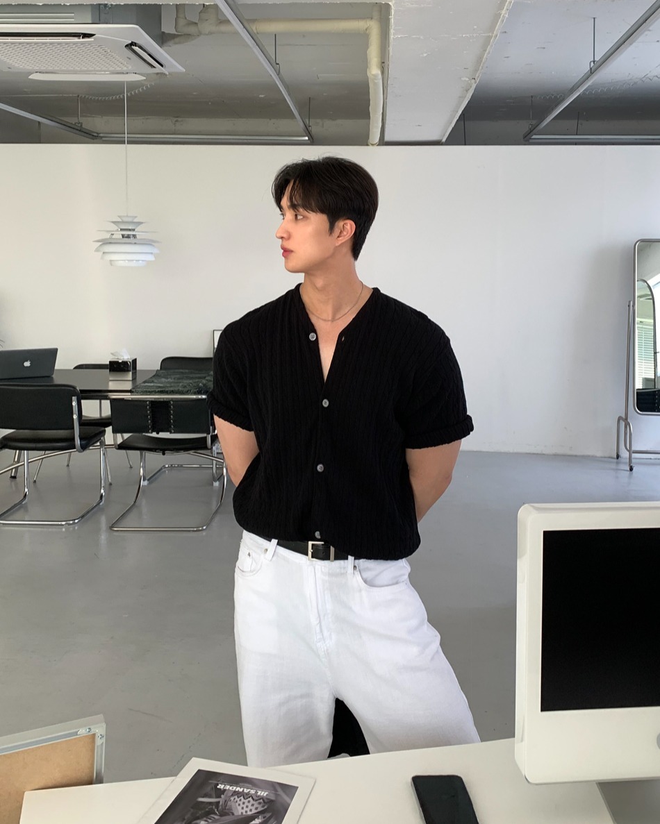 V領短袖開襟衫 V領亞麻肌肉感夏季針織衫