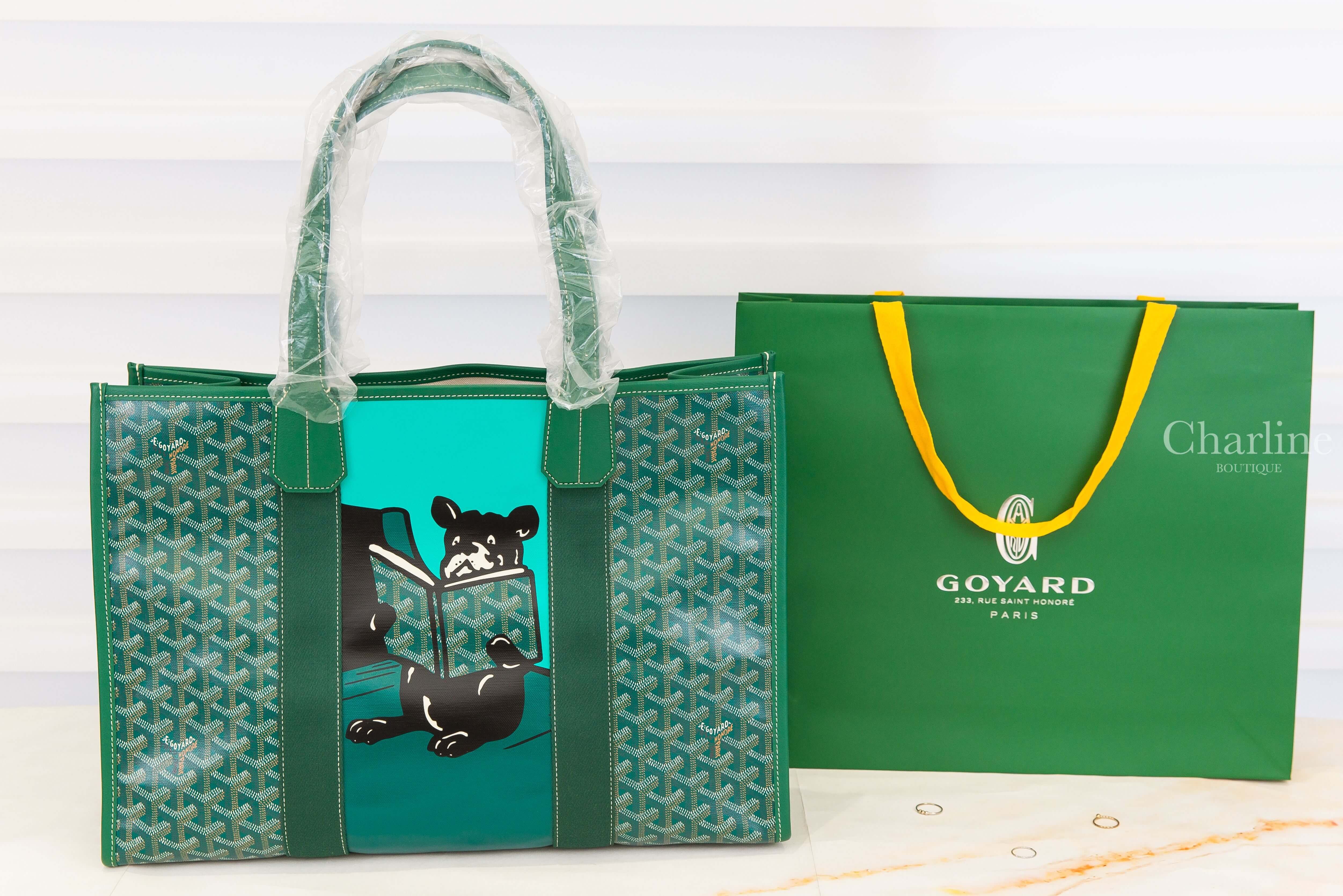 Goyard Villette Tote Bag MM 綠色帆布彩繪讀書法鬥小牛皮同色提把托特包