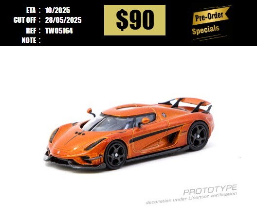 PO-$90 * TARMAC * 1:64 Koenigsegg Regera Orange Metallic / Black Stripes [OD16/05]