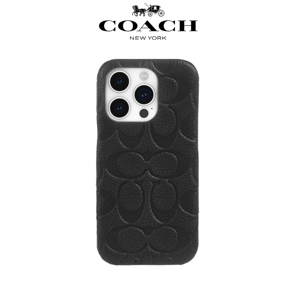 【COACH】iPhone 15系列 真皮手機殼 黑色壓花經典大C