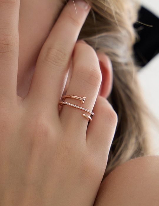 【925純銀】簡約螺絲排鑽可調式戒指(玫瑰金)