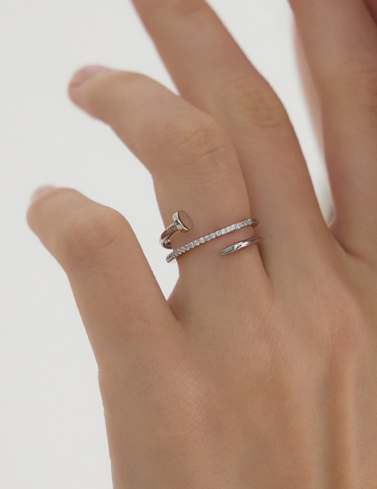 【925純銀】簡約螺絲排鑽可調式戒指(銀)