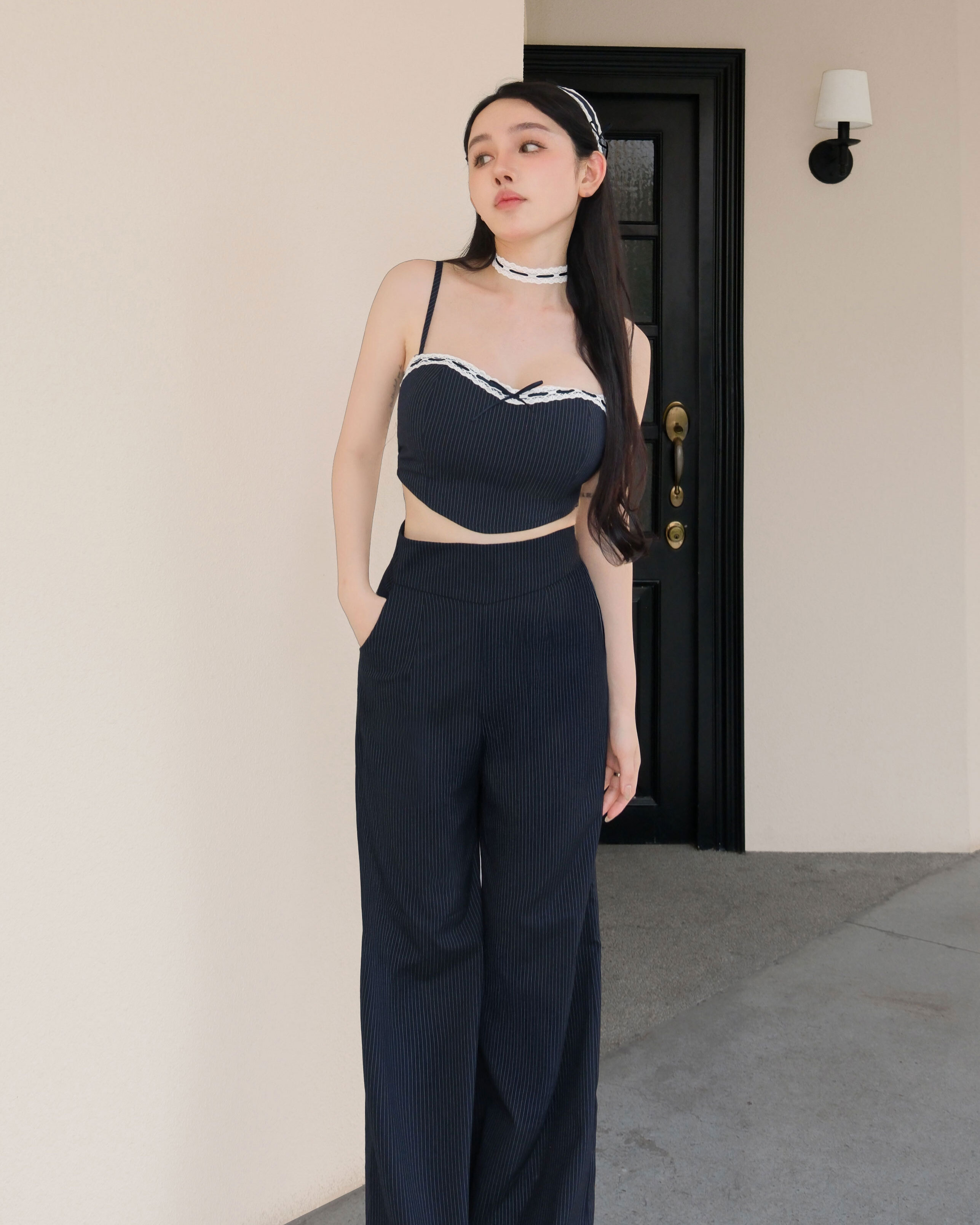 訂製-純欲緞帶蕾絲x條紋桃心套裝