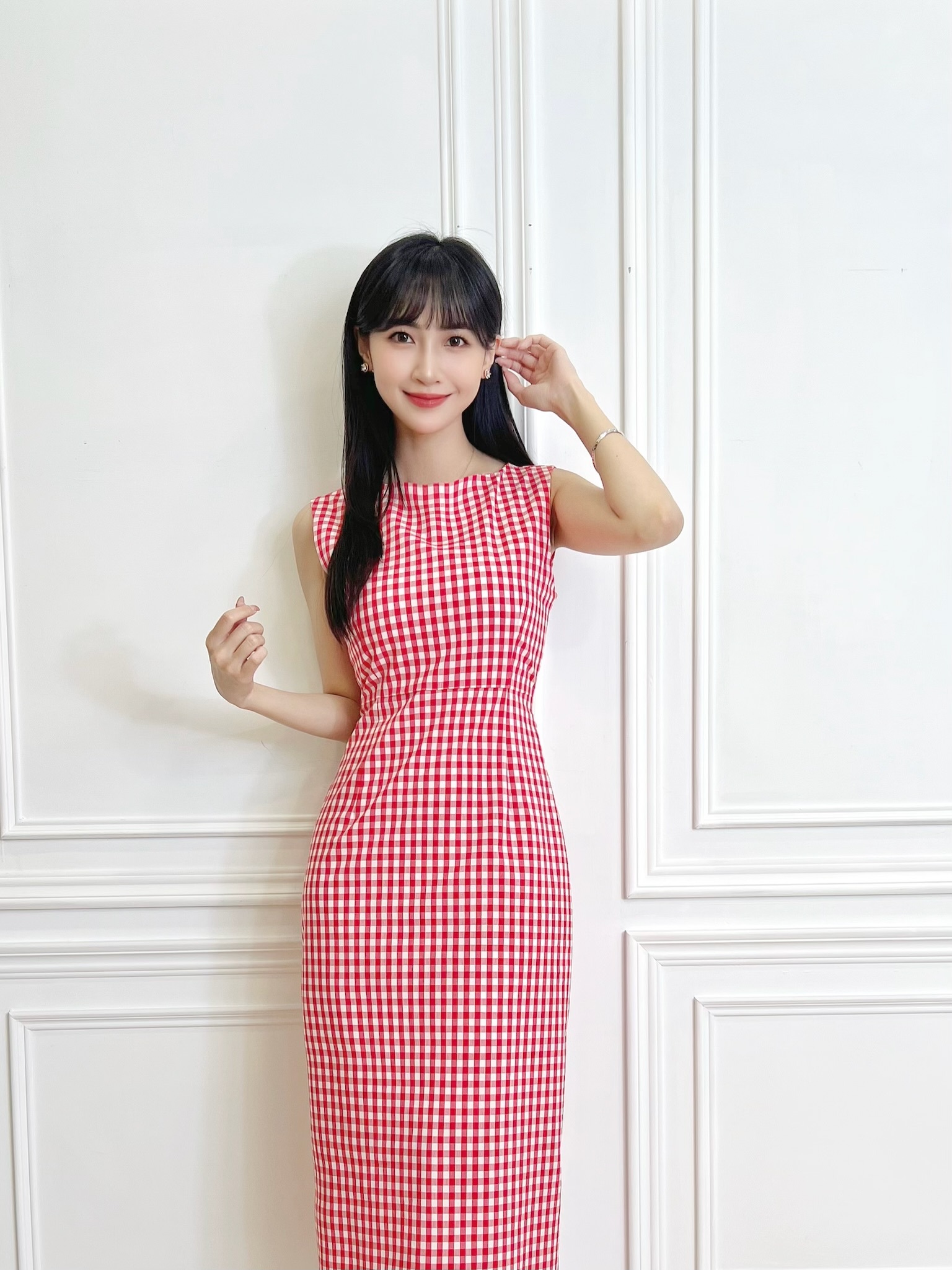 亮眼格紋彈性背心長洋