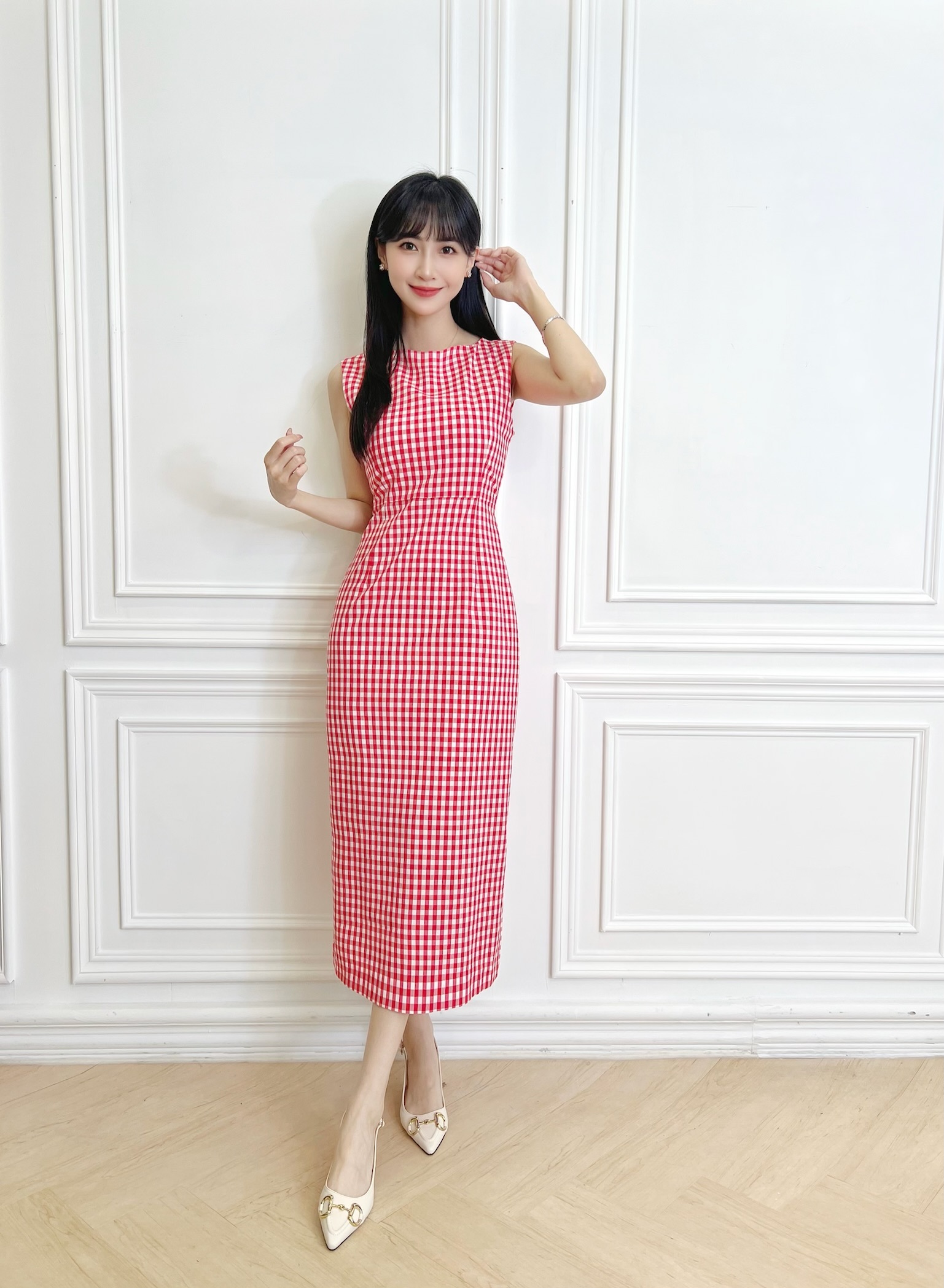 亮眼格紋彈性背心長洋