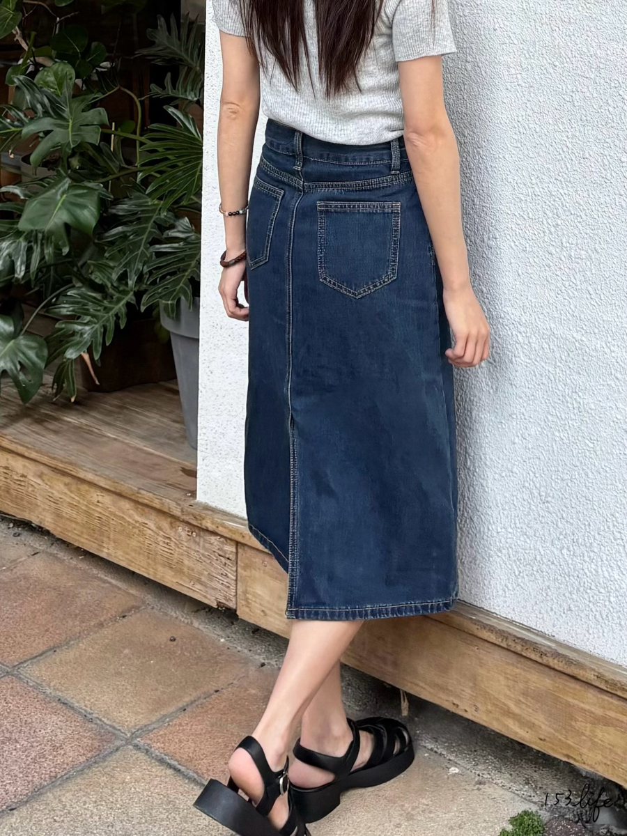 高腰開衩A字包臀牛仔中長裙(XXS-L)