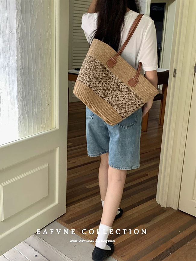 踏浪海邊嬉戲編織肩揹包-米白現貨