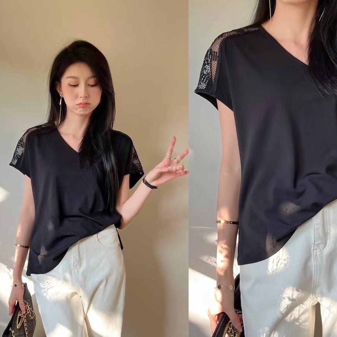 【簡約百搭的涼感蕾絲拼接上衣】（現貨）