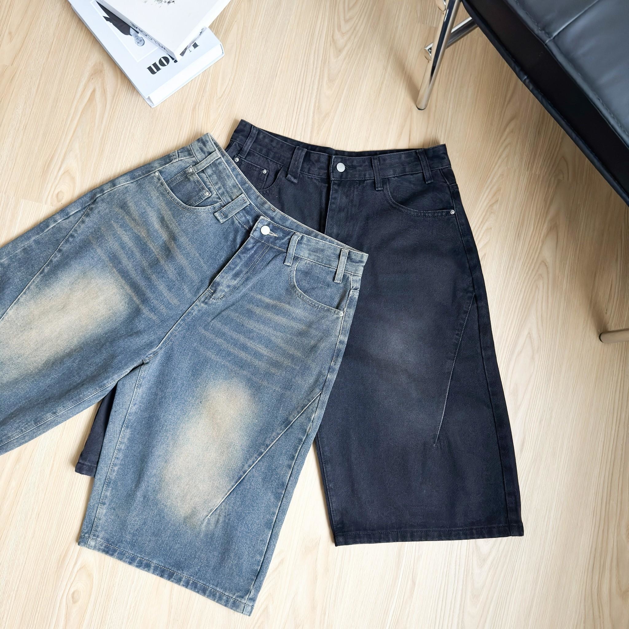 韓國短褲 斜痕刷白牛仔七分褲 80865