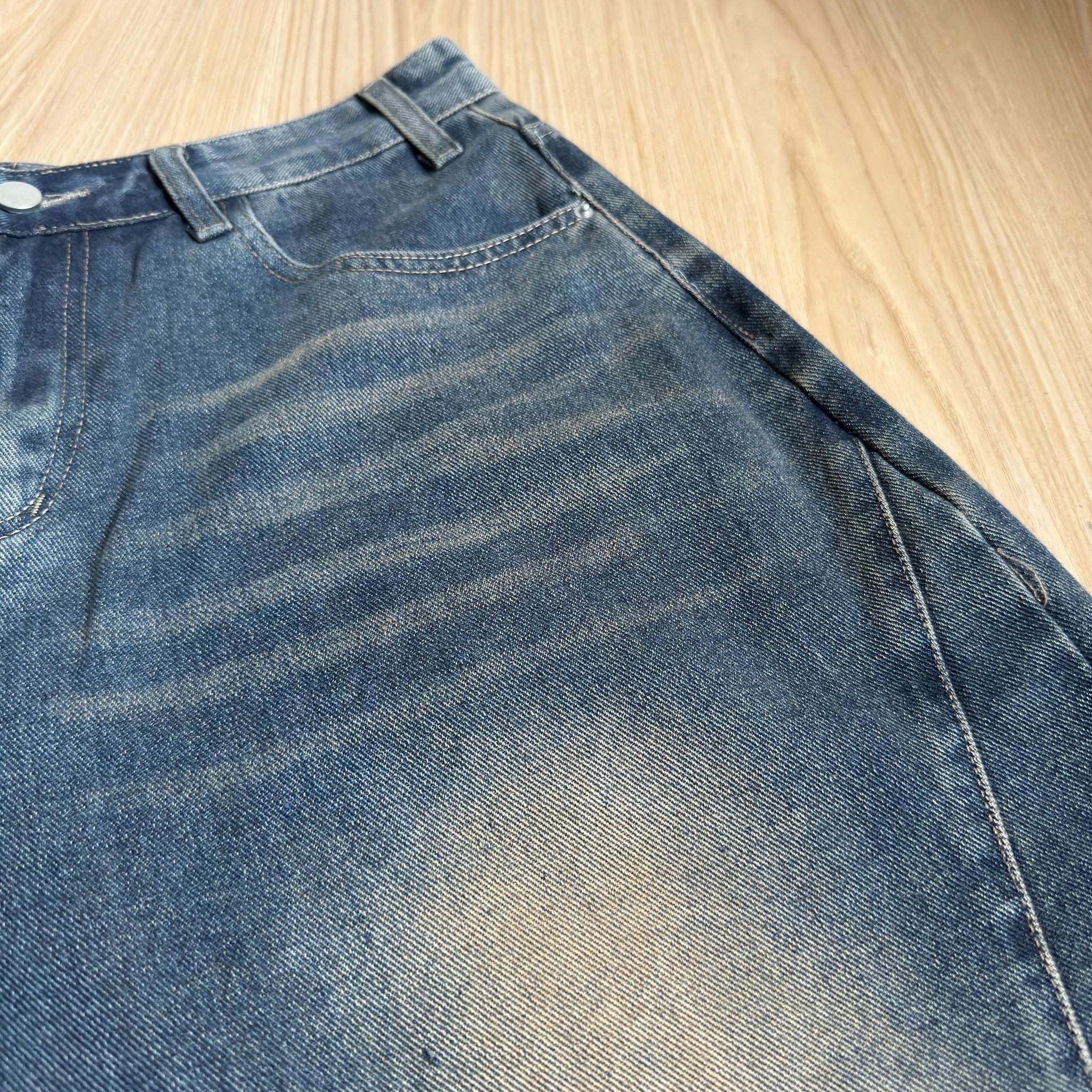 韓國短褲 斜痕刷白牛仔七分褲 80865