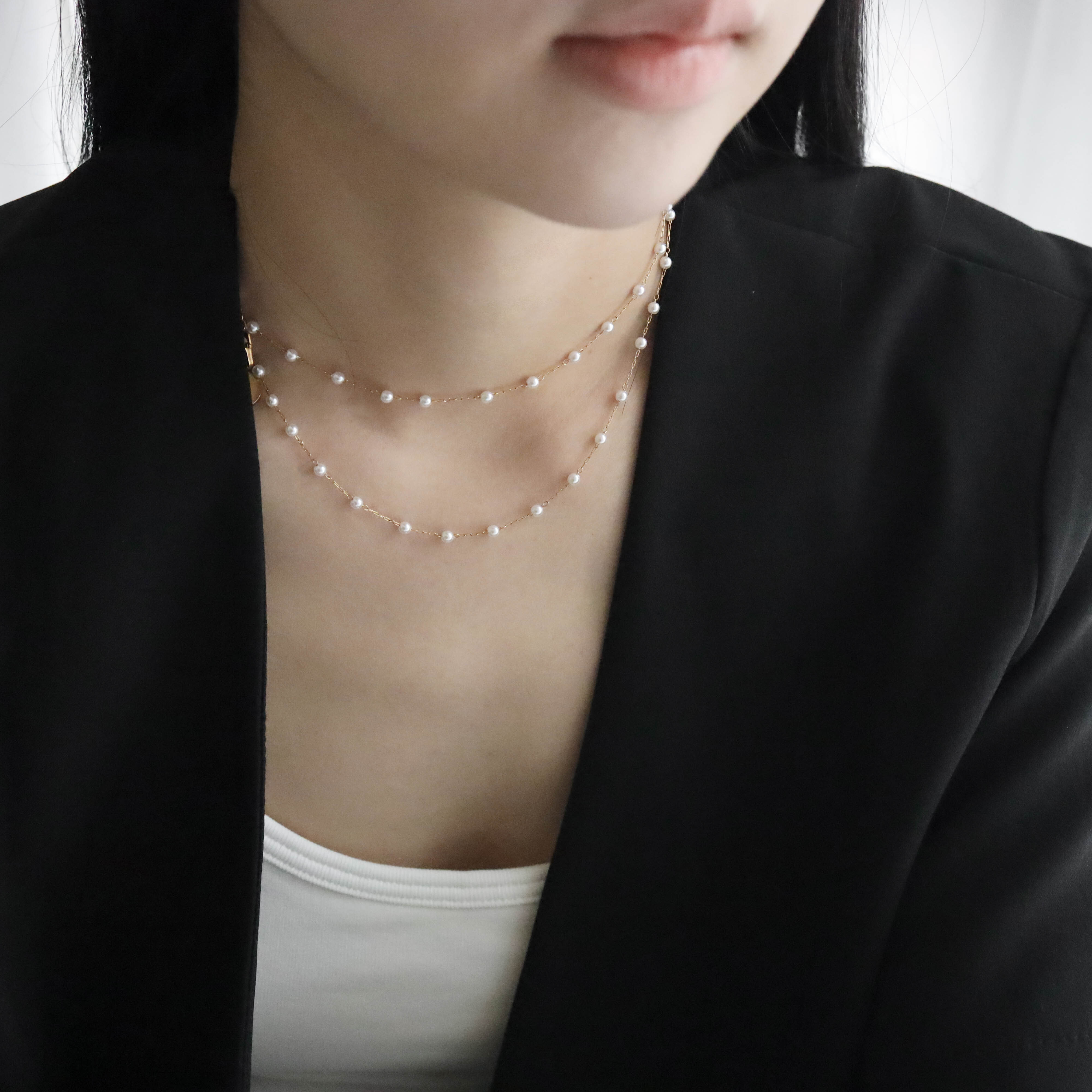 不怕水金色珍珠鍊雙線造型長項鍊