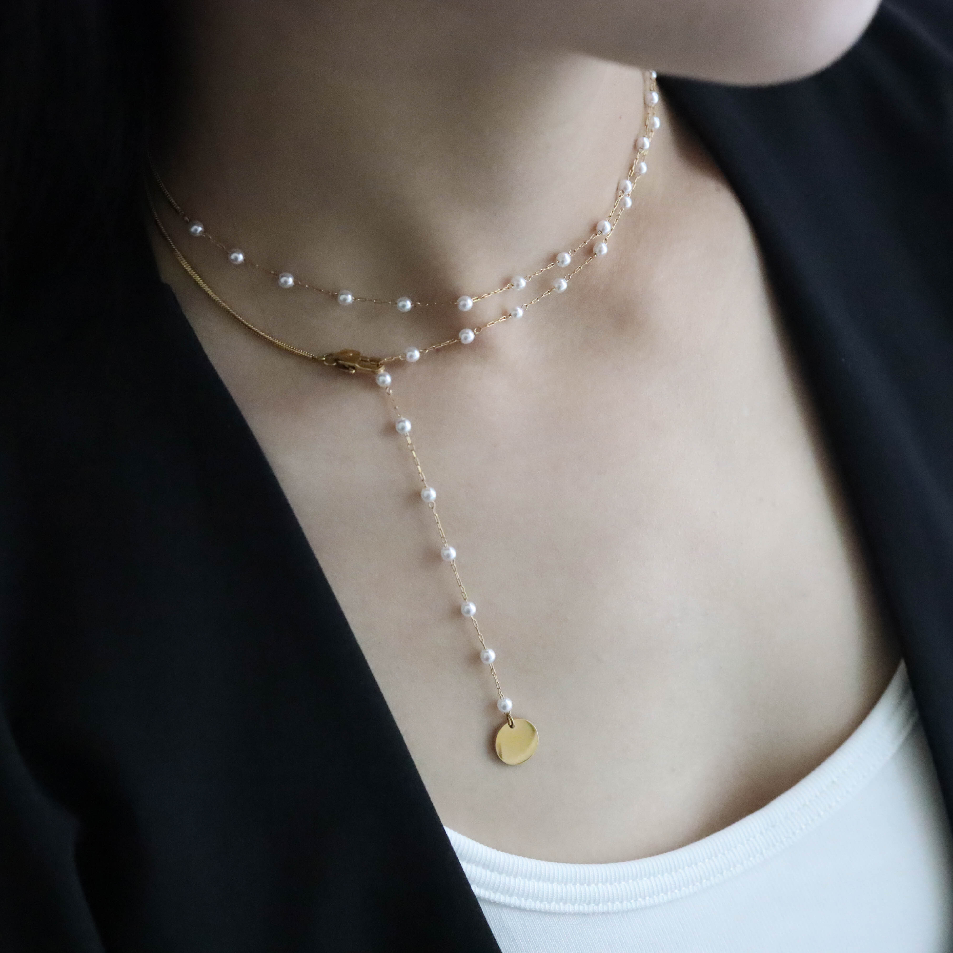 不怕水金色珍珠鍊雙線造型長項鍊