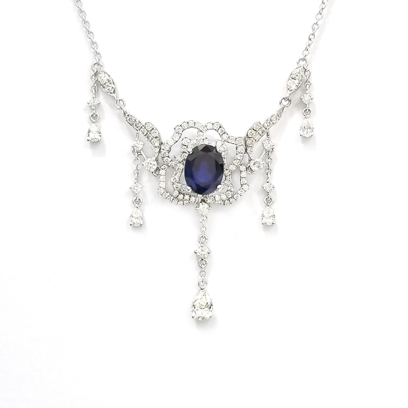 18K白金天然鑽石藍寶石頸鏈