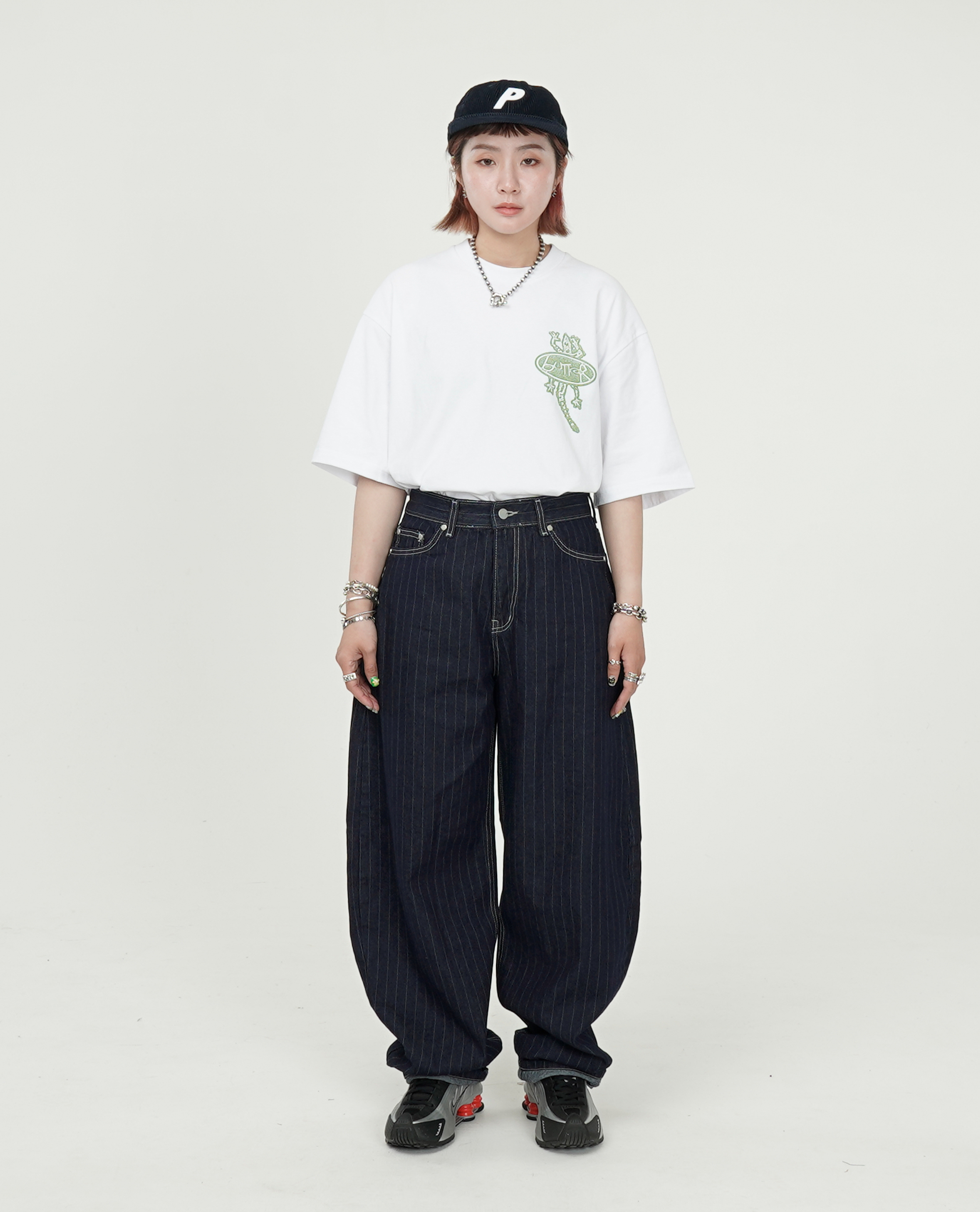 直條紋原色丹寧褲