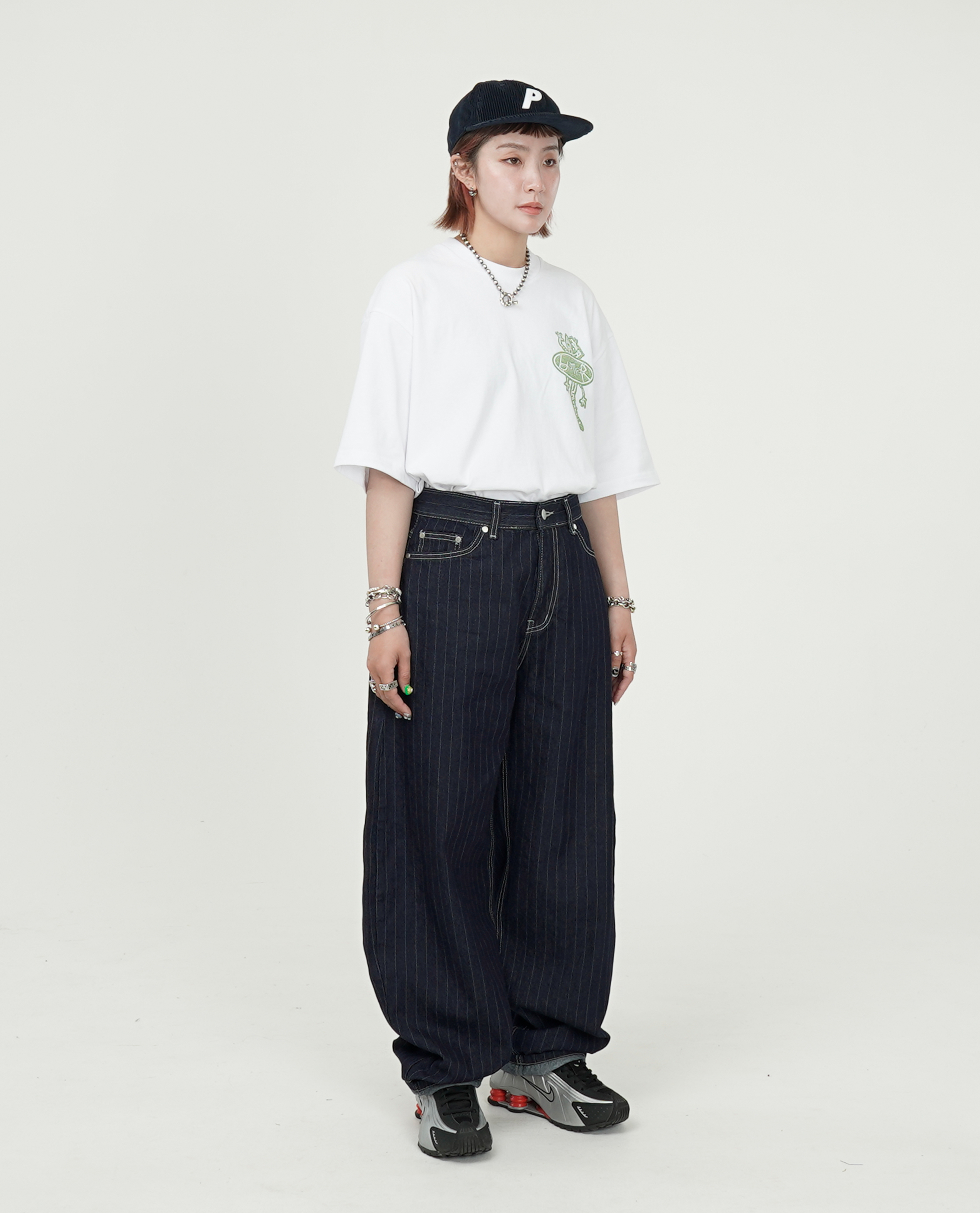 直條紋原色丹寧褲