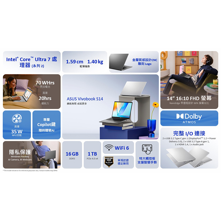 ASUS Vivobook S14 14" (Intel Ultra 7-255H, 16GB+1TB SSD) S3407CA-MG7033W