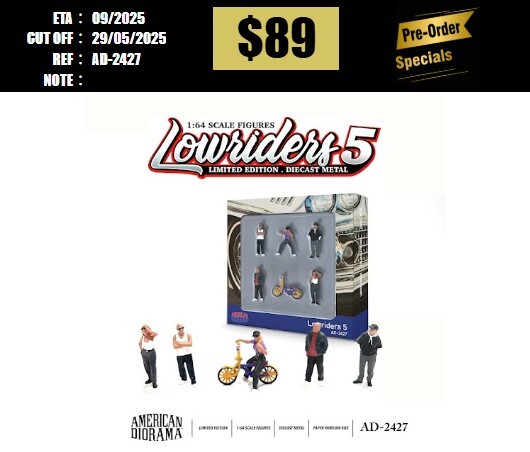 PO-$89 * AMERICAN DIORAMA * 1:64 1:64 Figure Set: Lowriders 5 (Featuring Lowrider culture with 5 figures & 1 bicycle) [OD16/05]