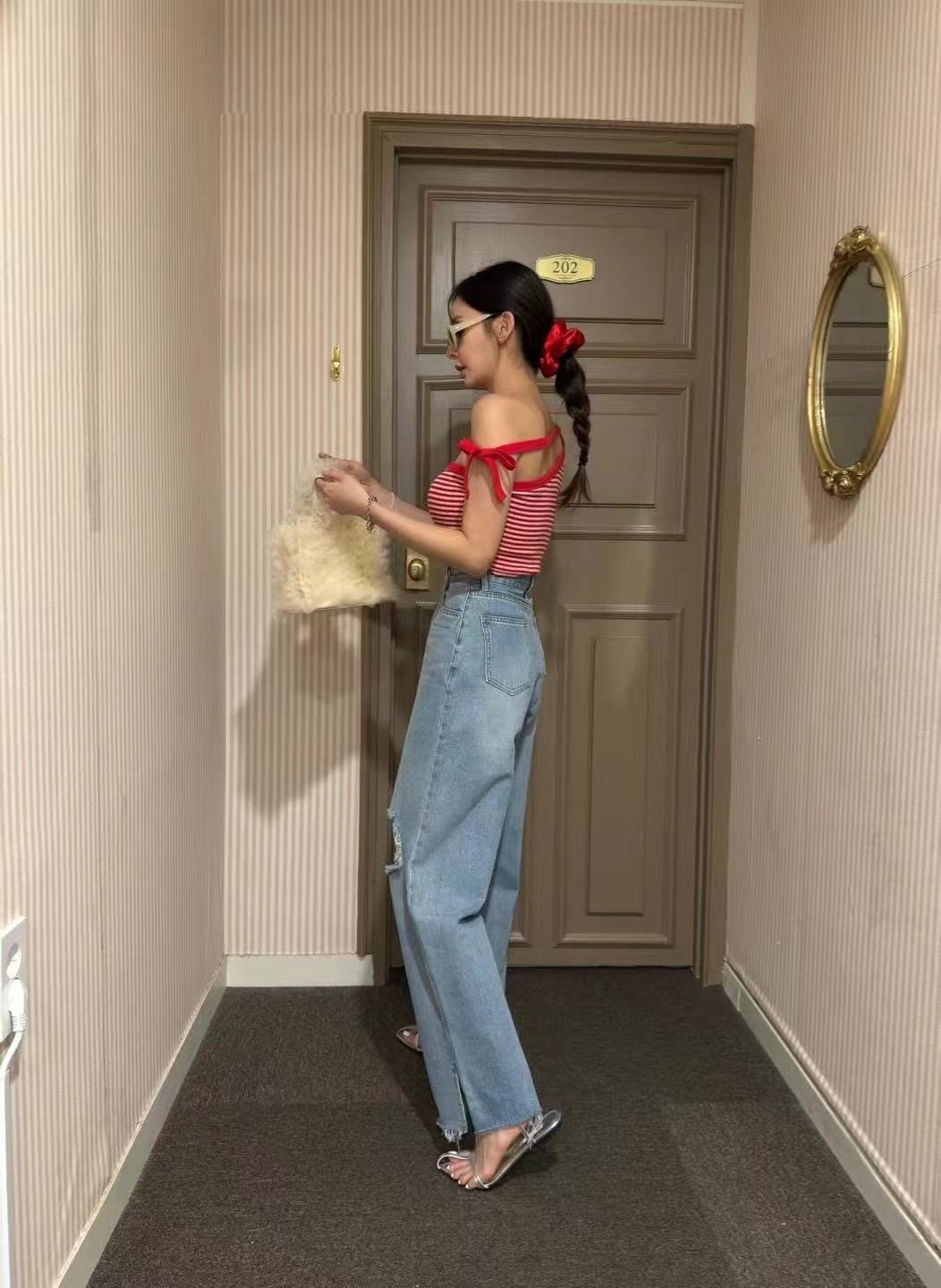 ♡︎設計感搭帶間紋小上衣