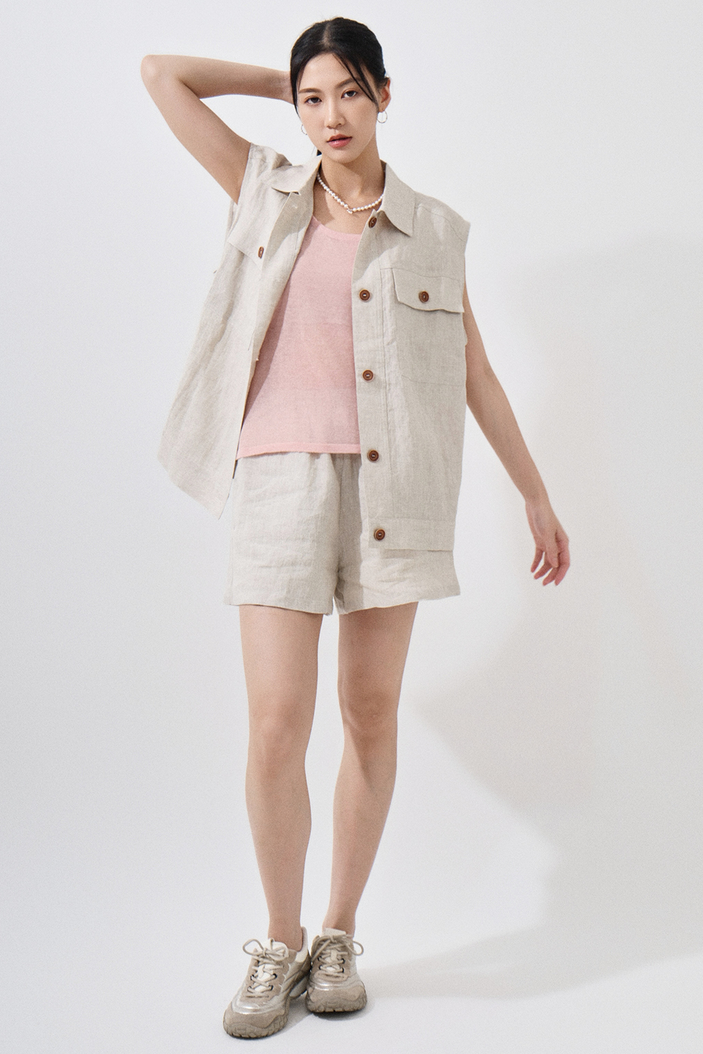 麻質背心外套短褲套裝 (現貨款式）