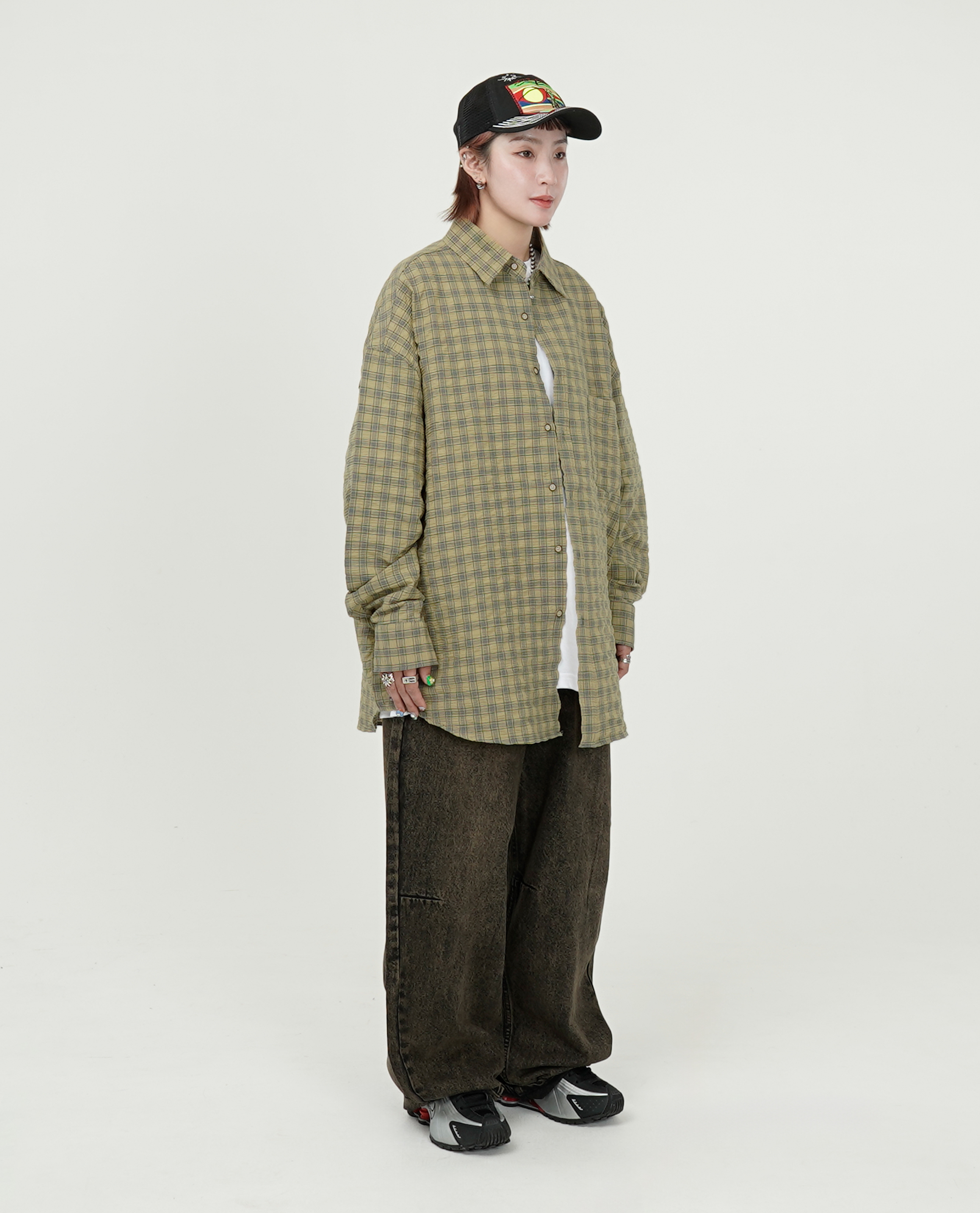 泡泡棉格紋長袖襯衫