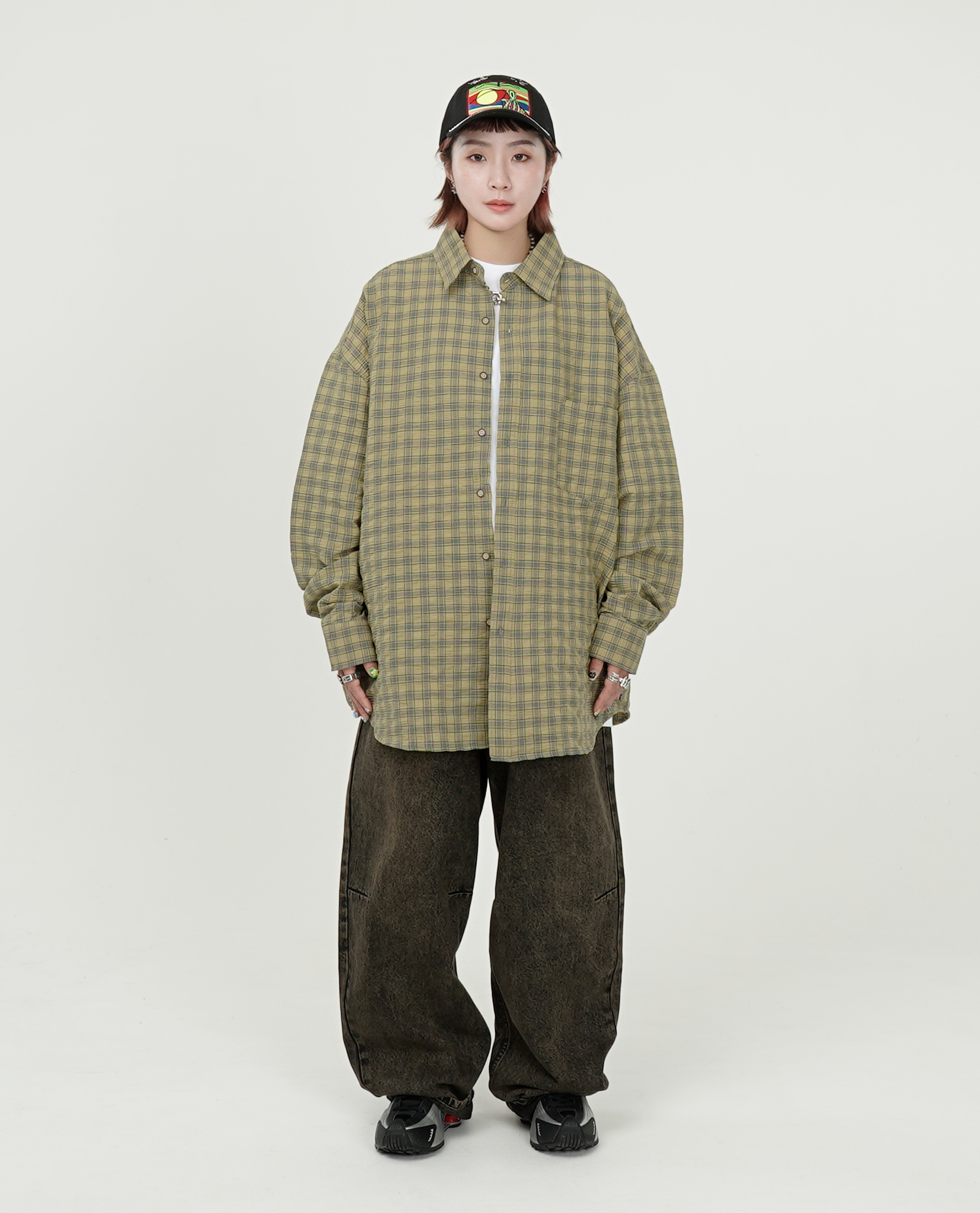 泡泡棉格紋長袖襯衫