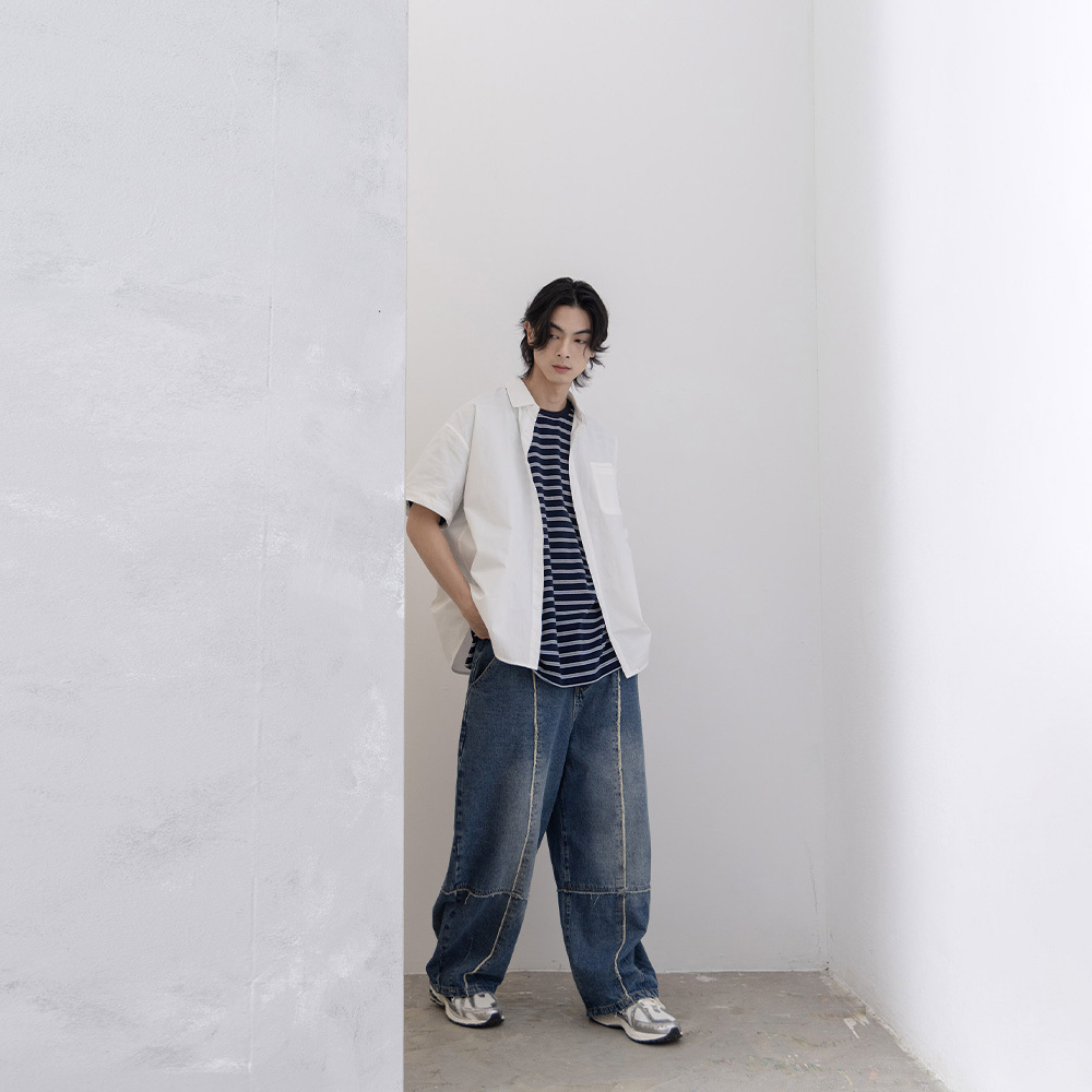 Men Washed Contrast Stitching Denim Pants M/L/XL【04011809】in stock+pre-order