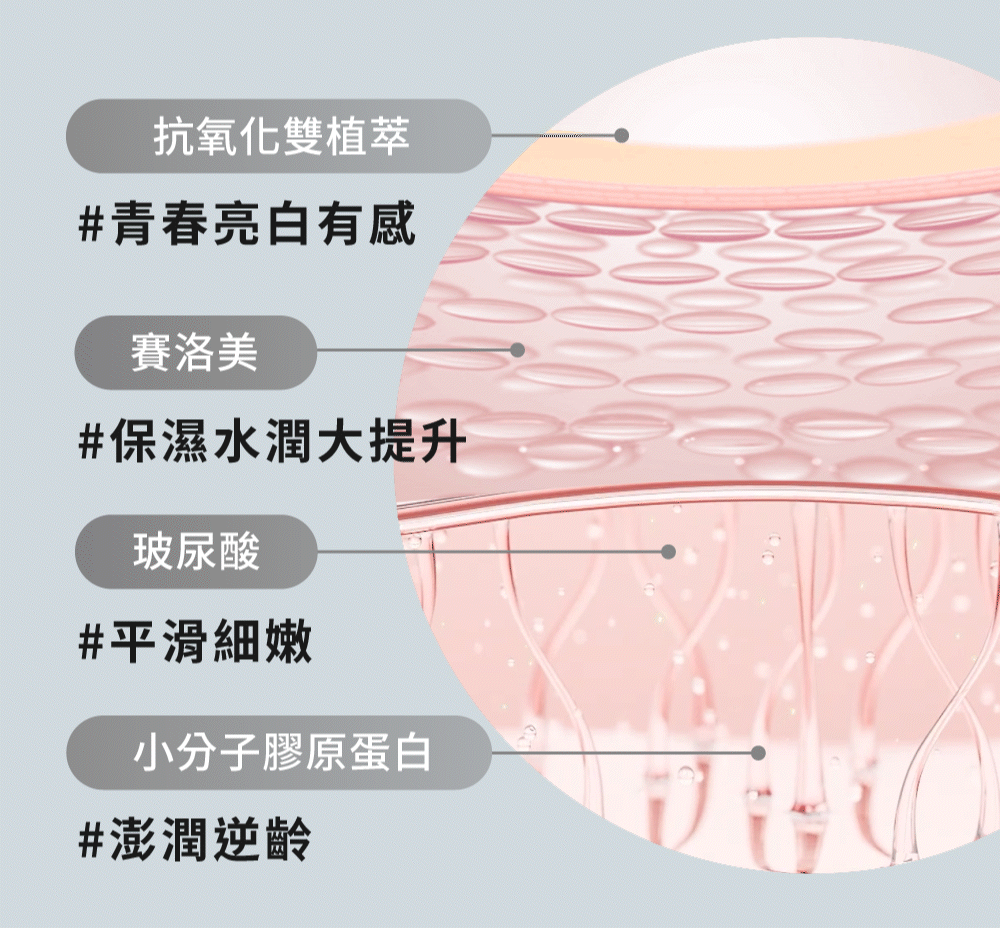 抗氧化雙植萃亮白有感、賽洛美保濕水潤、玻尿酸平滑細緻、小分子膠原蛋白澎潤逆齡