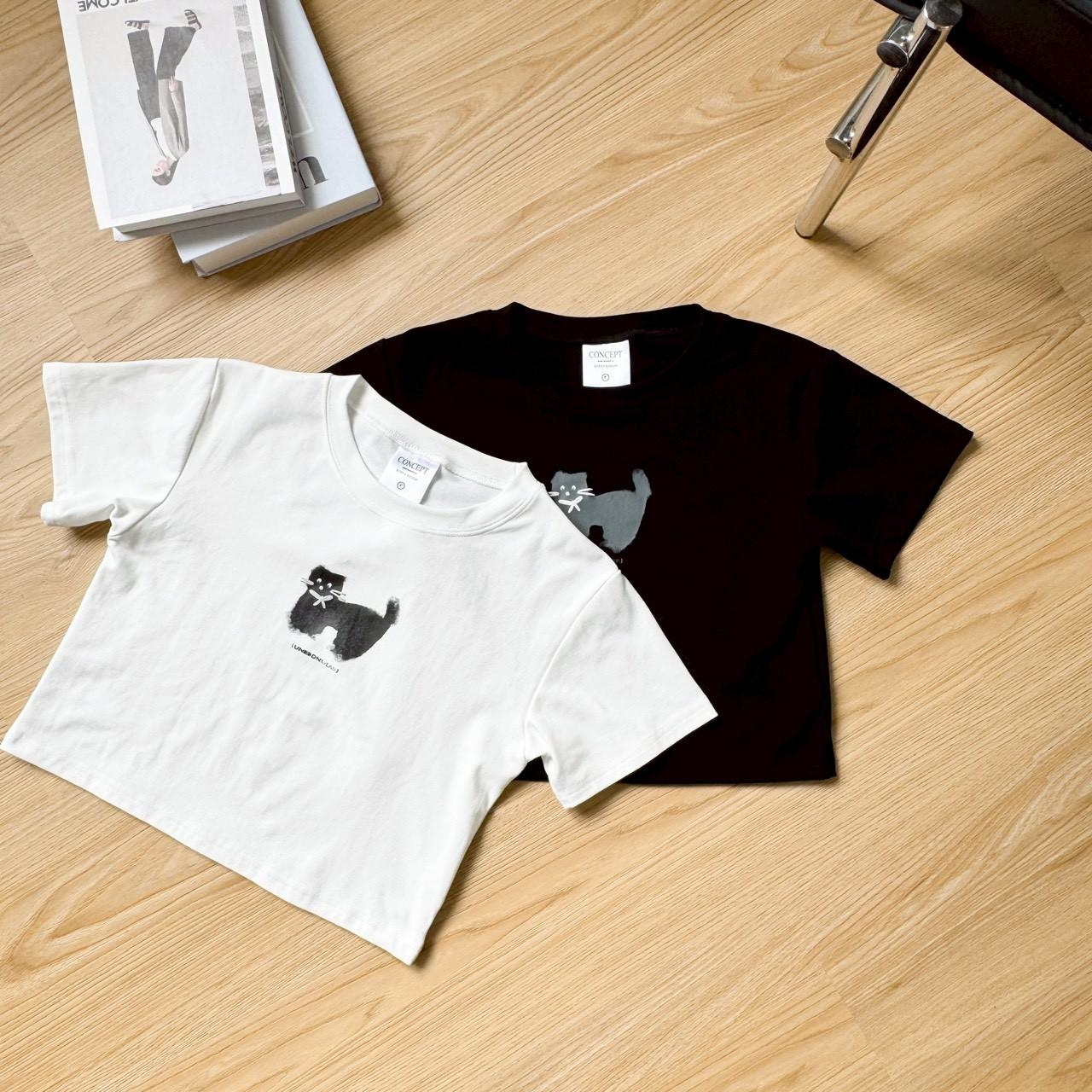 韓國短袖 波點黑貓短版合身短T 80906