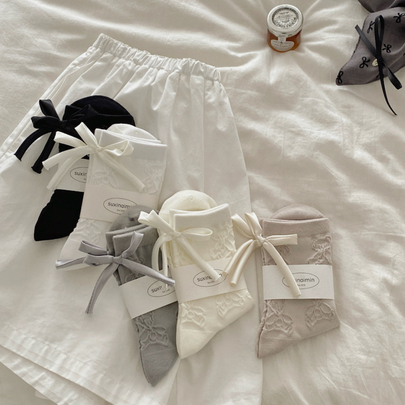 《05161》壓紋熊熊與蝴蝶結短襪(5色)