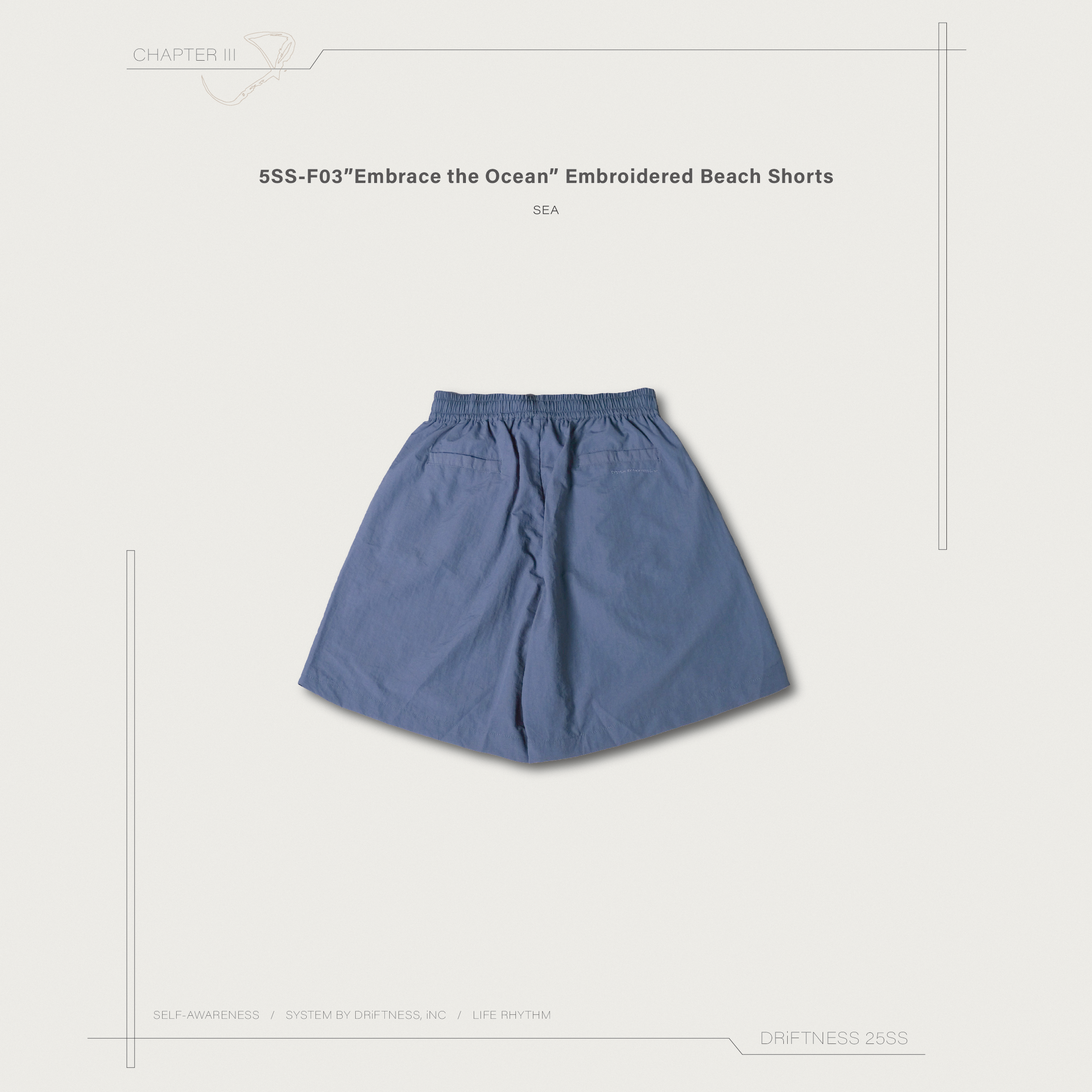 DRiFTNESS夏日特輯｜5SS-F03”Embrace the Ocean” 刺繡防水膝上短褲 - Sea
