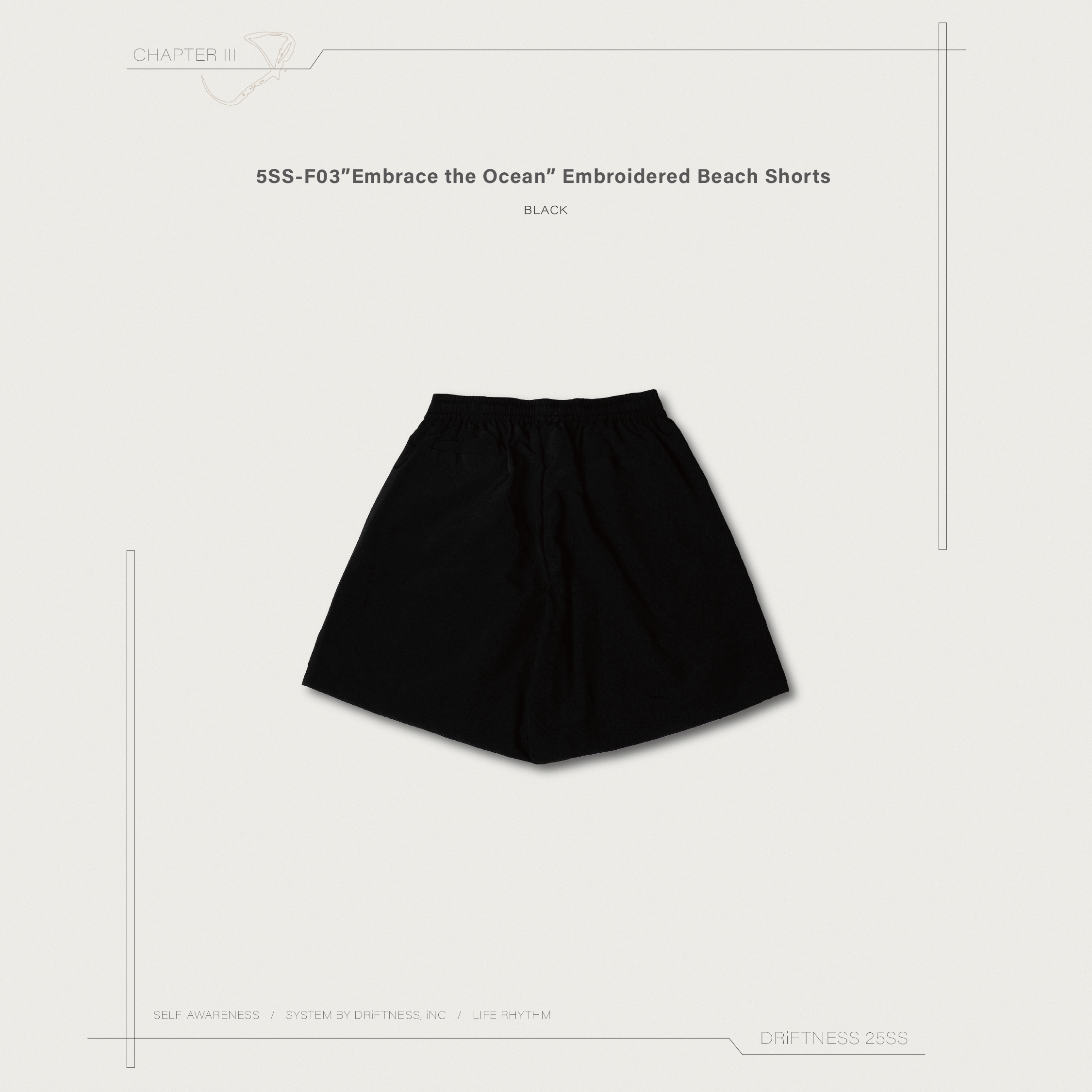 DRiFTNESS夏日特輯｜5SS-F03”Embrace the Ocean” 刺繡防水膝上短褲 - Black