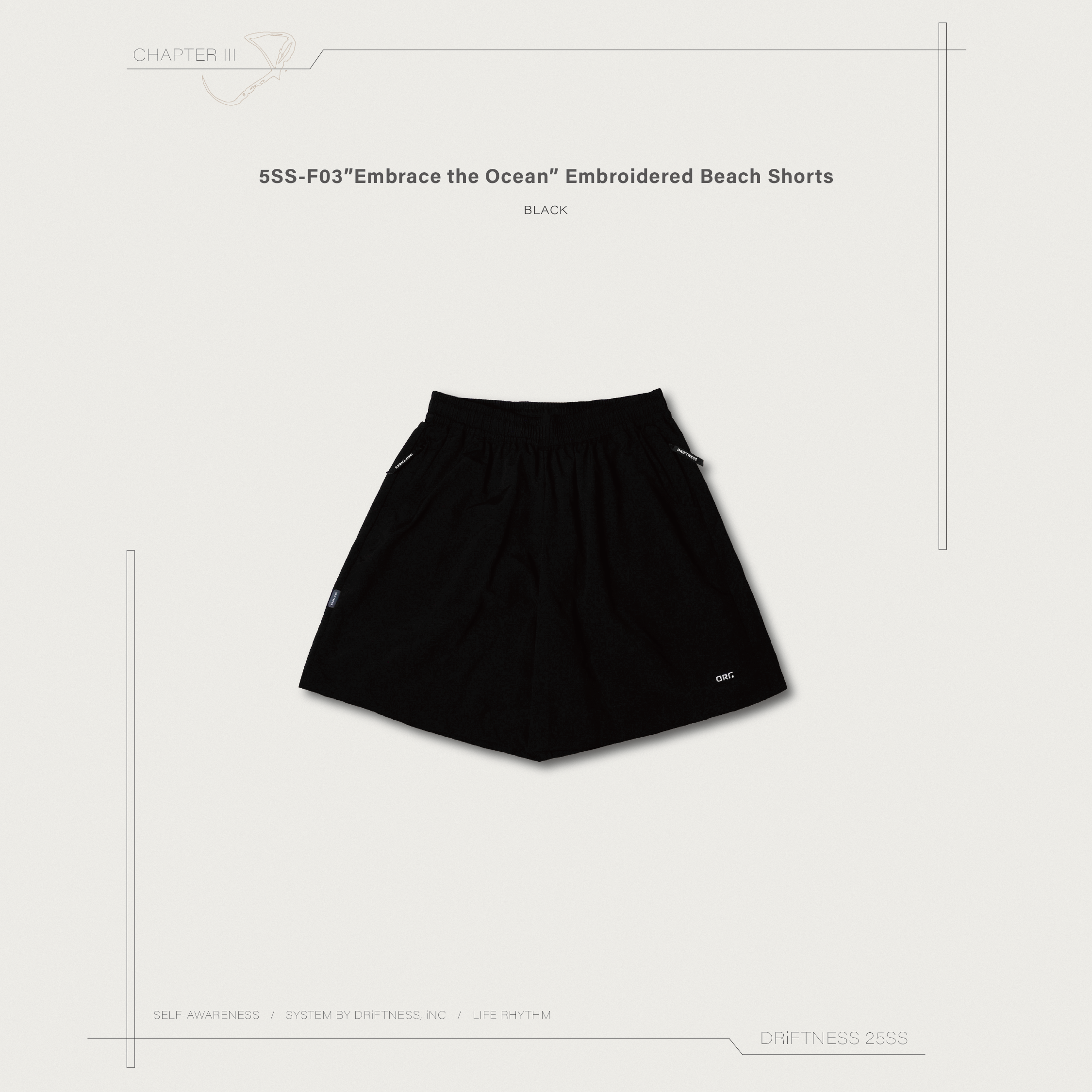 DRiFTNESS夏日特輯｜5SS-F03”Embrace the Ocean” 刺繡防水膝上短褲 - Black