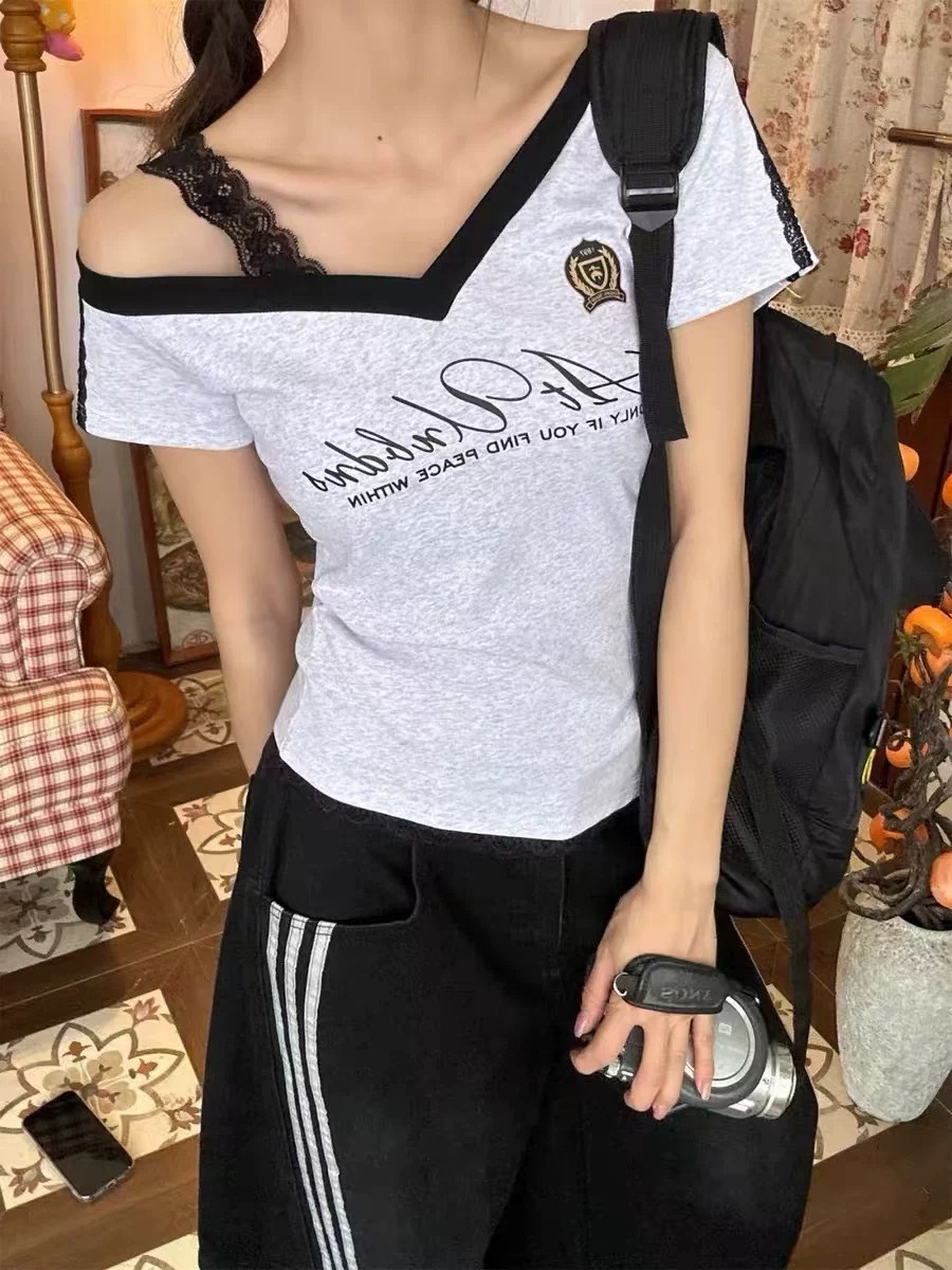 (GOAL) 復古辣妹蕾絲斜肩上衣 美式球衣 UNBD 029