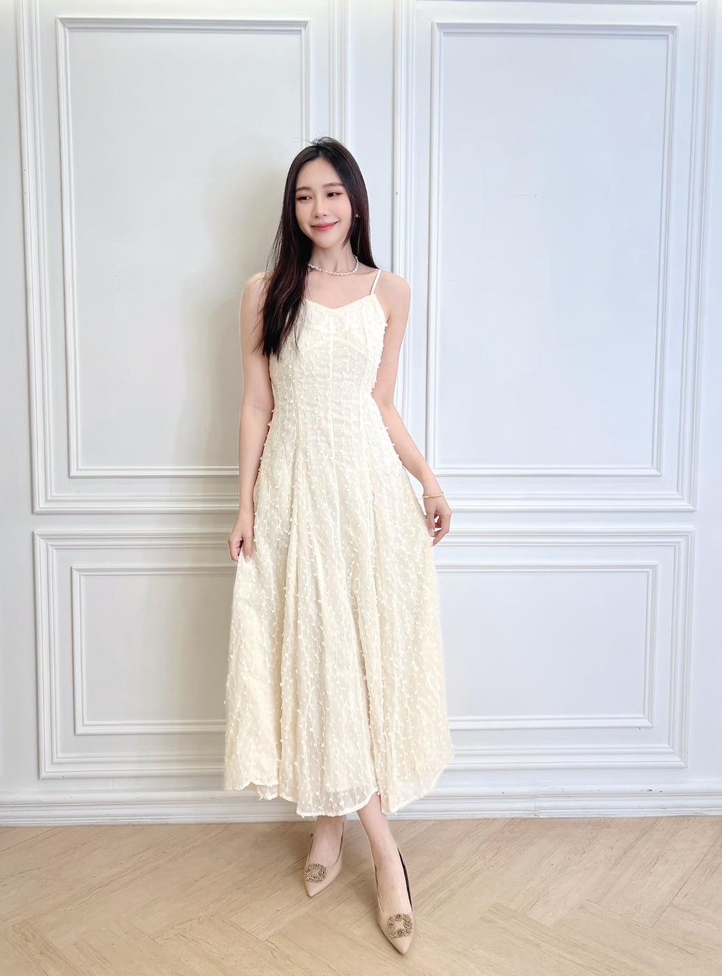 仙女細肩帶顆粒飄逸長洋