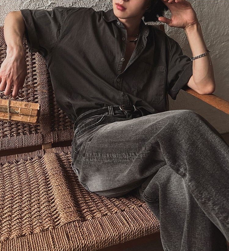 夏季痞帥灰色工裝水洗短袖襯衫