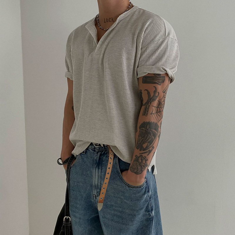 韓版條紋亨利領純色修身短袖 T-Shirt