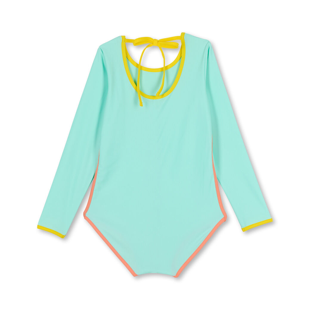 綠松石藍 Kim Turquoise - 長袖挖背 | 海廢再生 抗UV兒童防曬泳裝