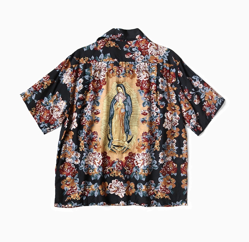 KAPITAL 2025 SILK RAYON CHAMPAGNE MARIA PATTERN WRANGLE COLLAR ALOHA SHIRT S/S - BLACK PRE ORDER ITEM (預訂中)