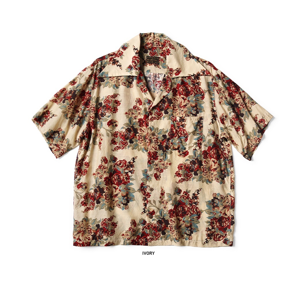 KAPITAL 2025 SILK RAYON CHAMPAGNE MARIA PATTERN WRANGLE COLLAR ALOHA SHIRT S/S - PRE ORDER ITEM (預訂中)