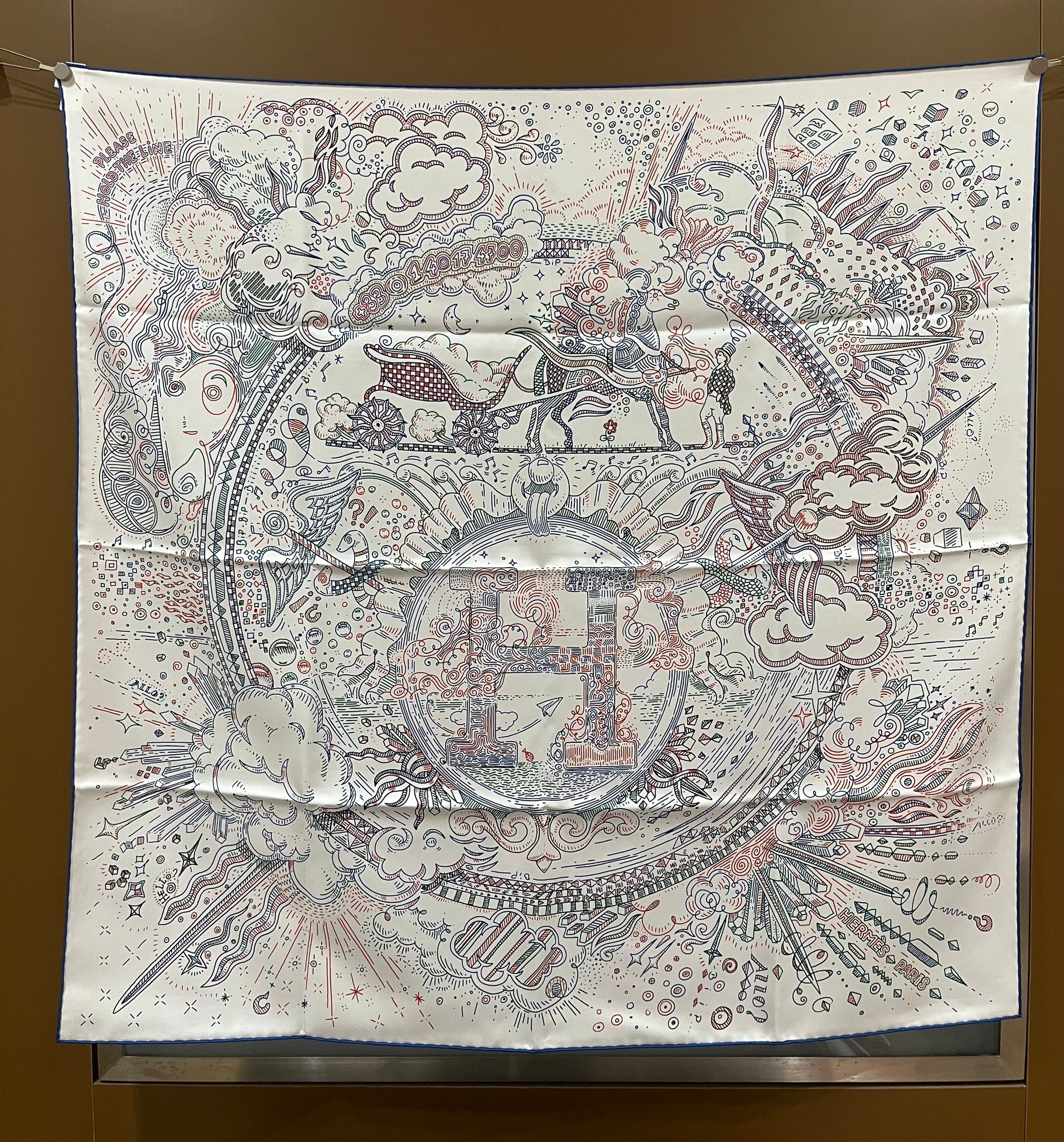 Please hold the line scarf 100%soie 90x90cm Blanc / Bleu Cobalt/Rouge