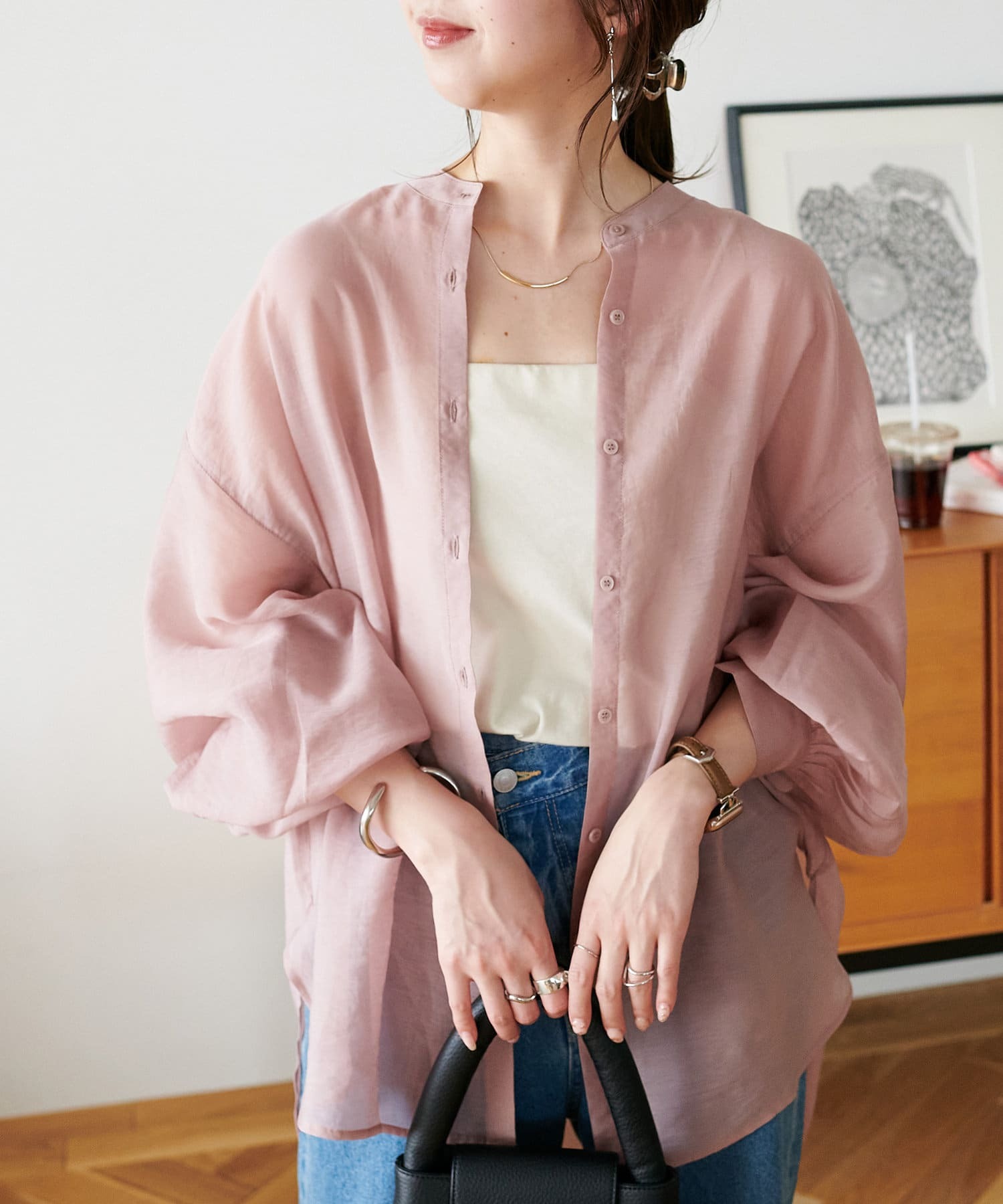 DISCOAT(ディスコート)  シアーバンドカラーシャツ《WEB限定カラーあり》粉（DCZ1041204A0001）