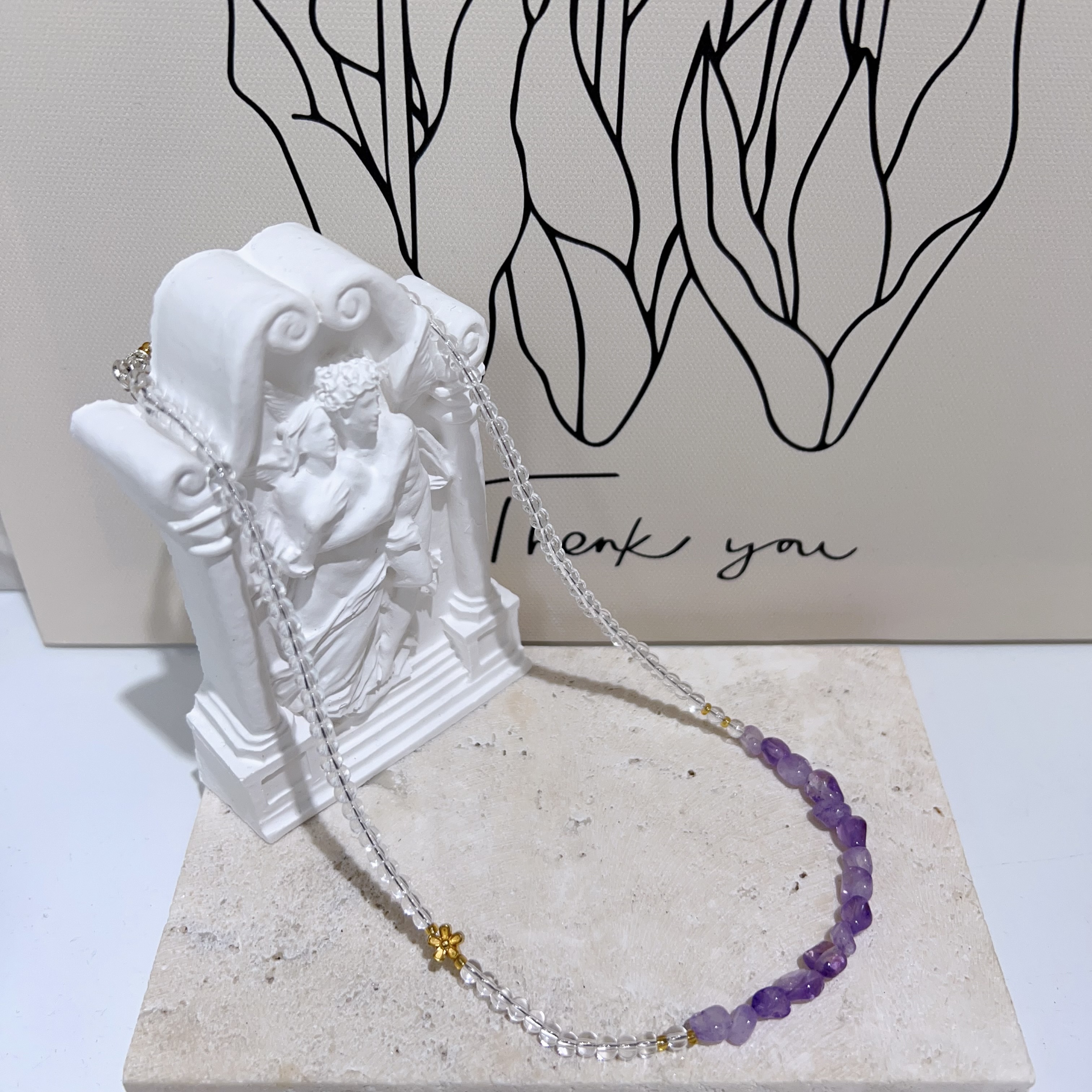 白水晶拼薰衣草紫水晶粒粒頸鏈 （44-49cm）