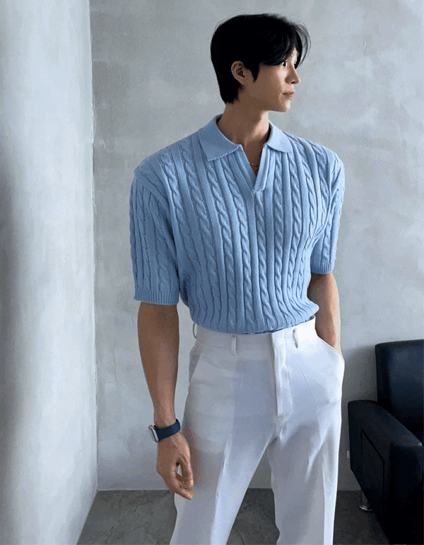 麻花領短袖針織衫