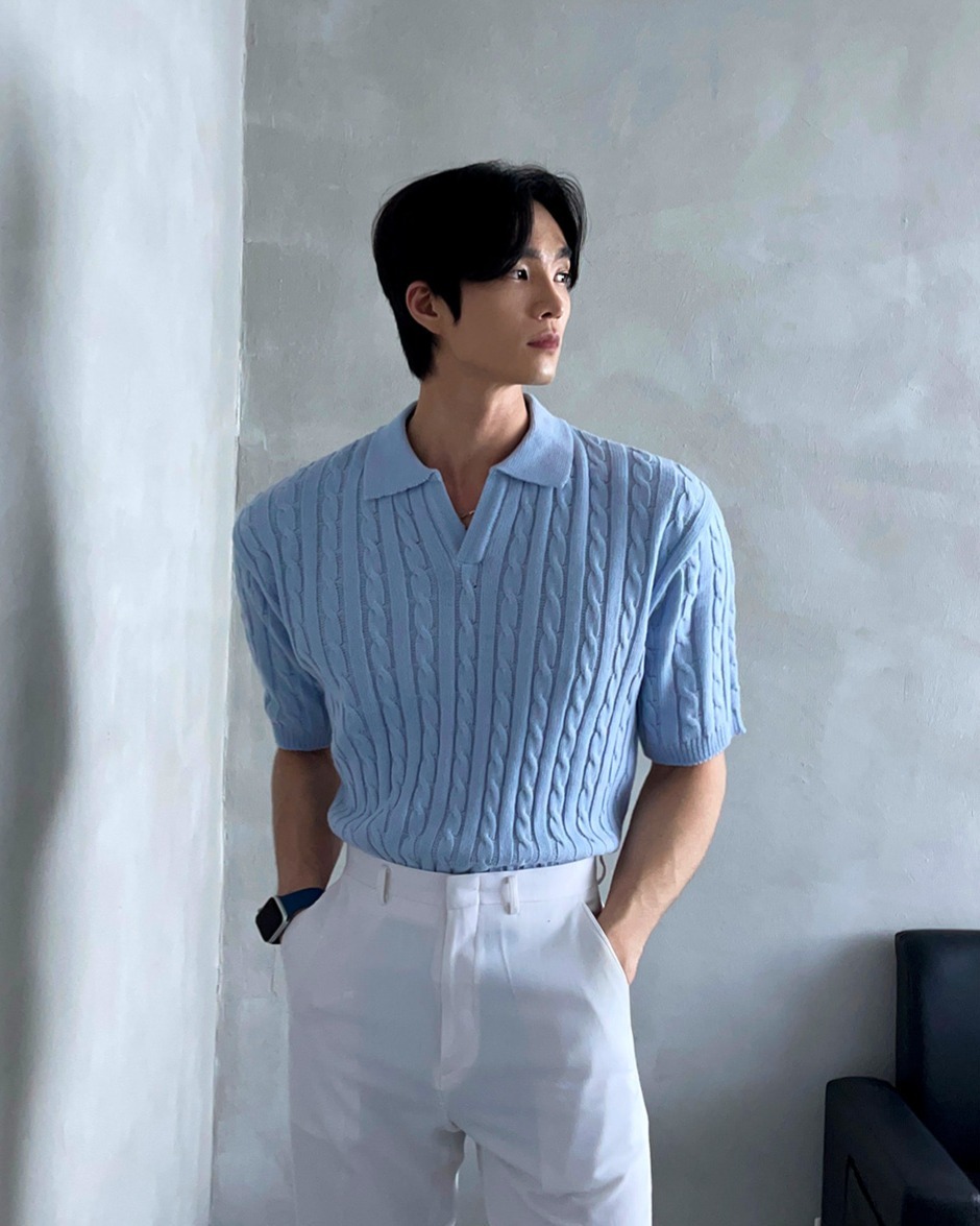 麻花領短袖針織衫