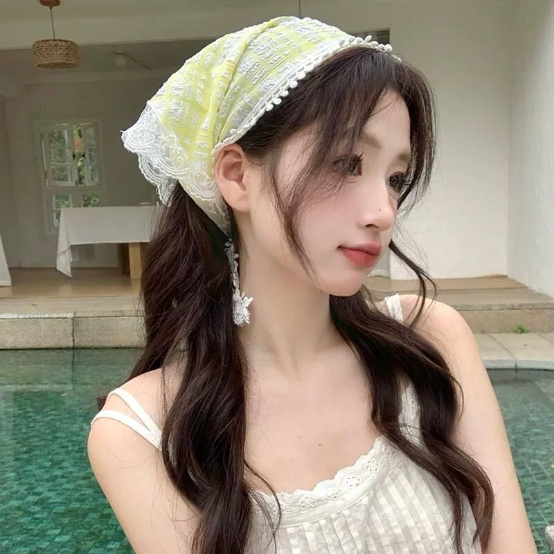 Candy Color Plaid Lace Edge Triangle Scarf