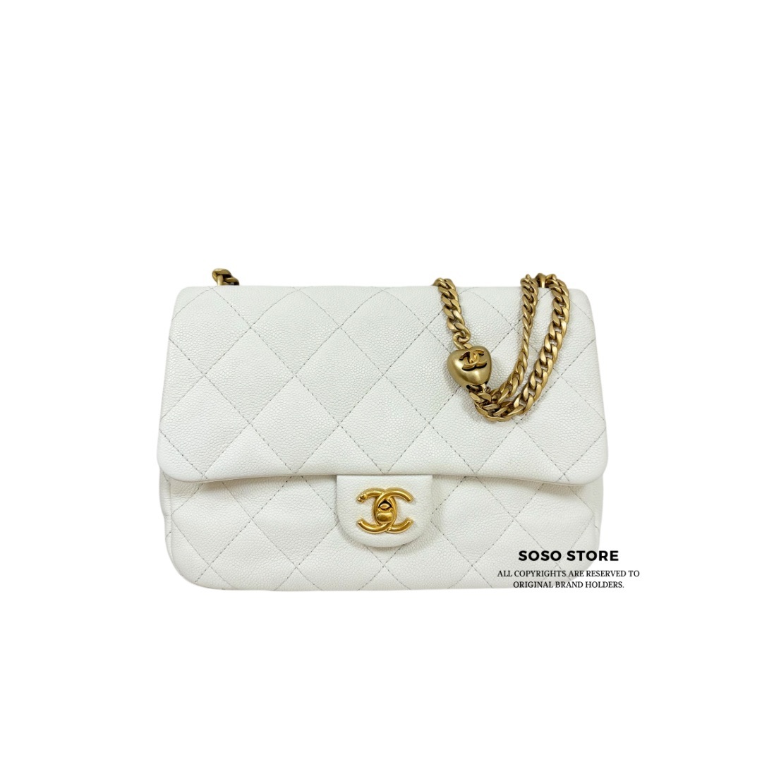 Chanel Flap Bag With Heart Shape Chain - White / Ghw